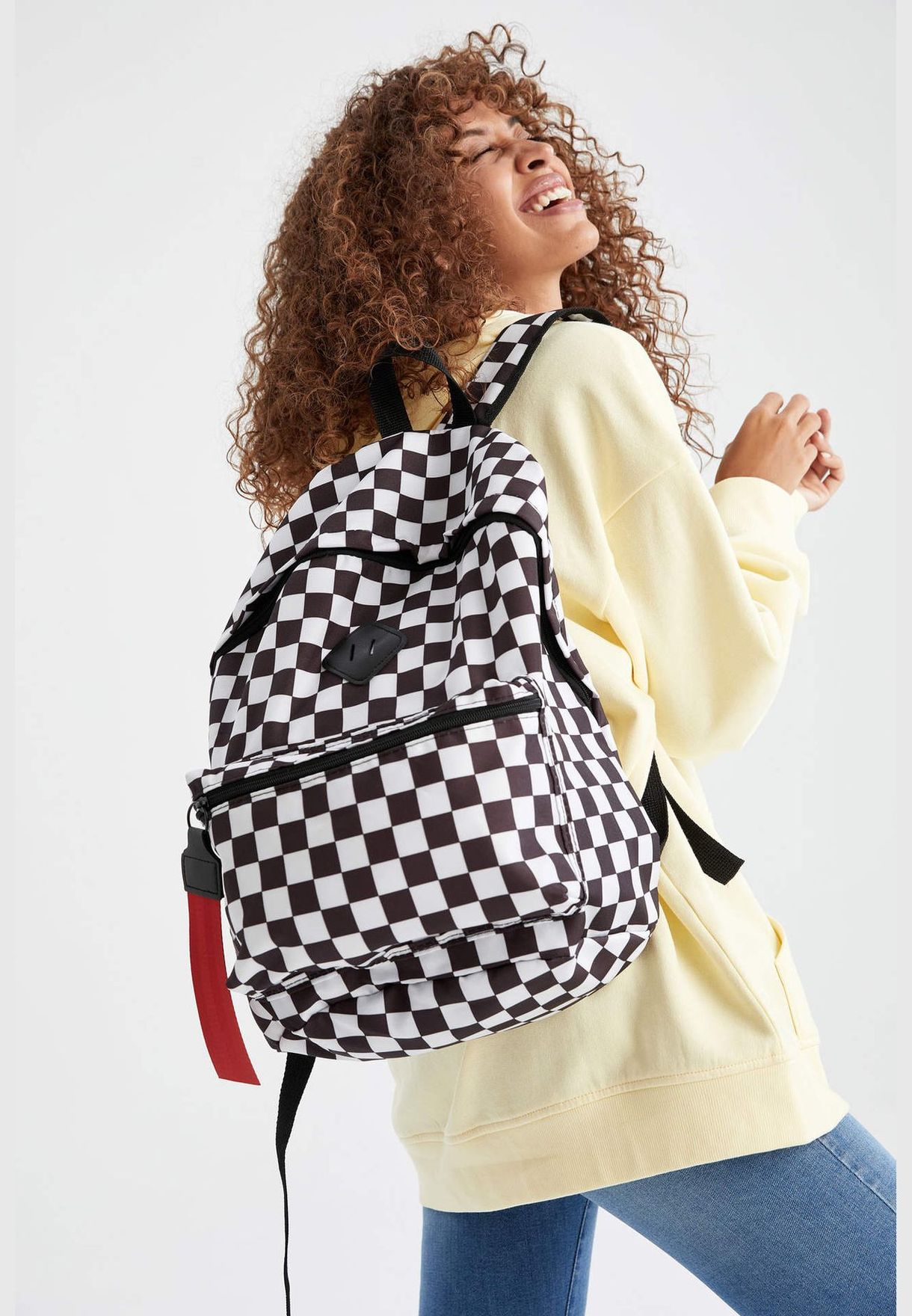 Checkers Print Zippered Maxi Backpack