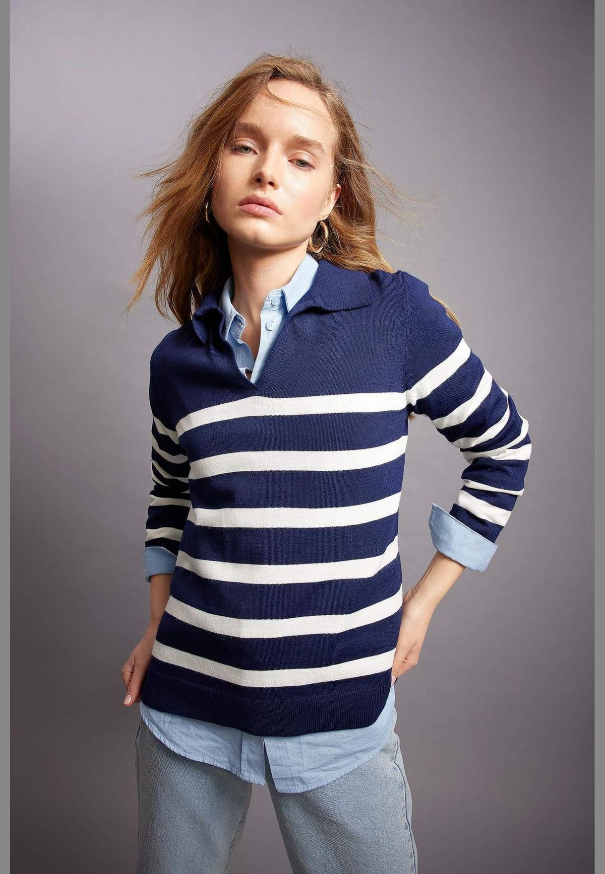Woman Polo Neck Long Sleeve Tricot Pullover