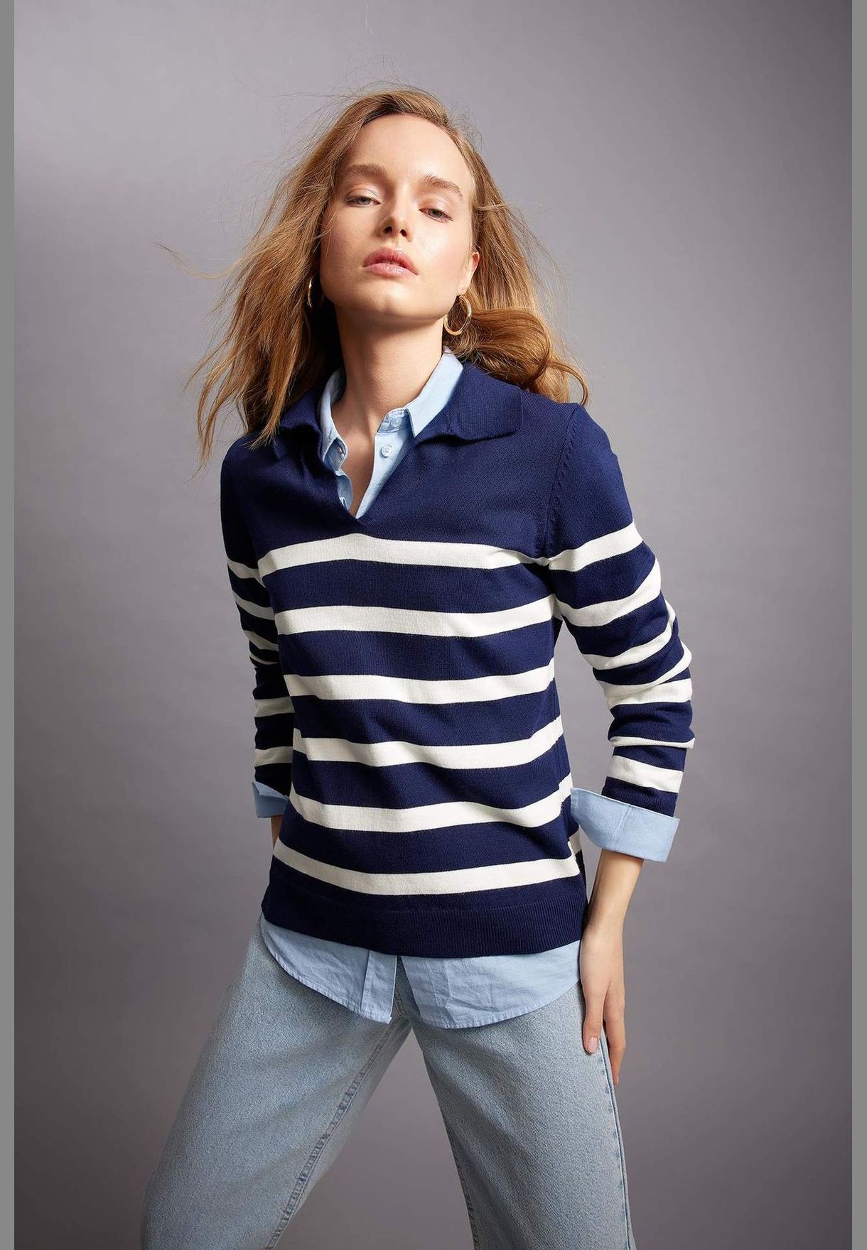 Woman Polo Neck Long Sleeve Tricot Pullover