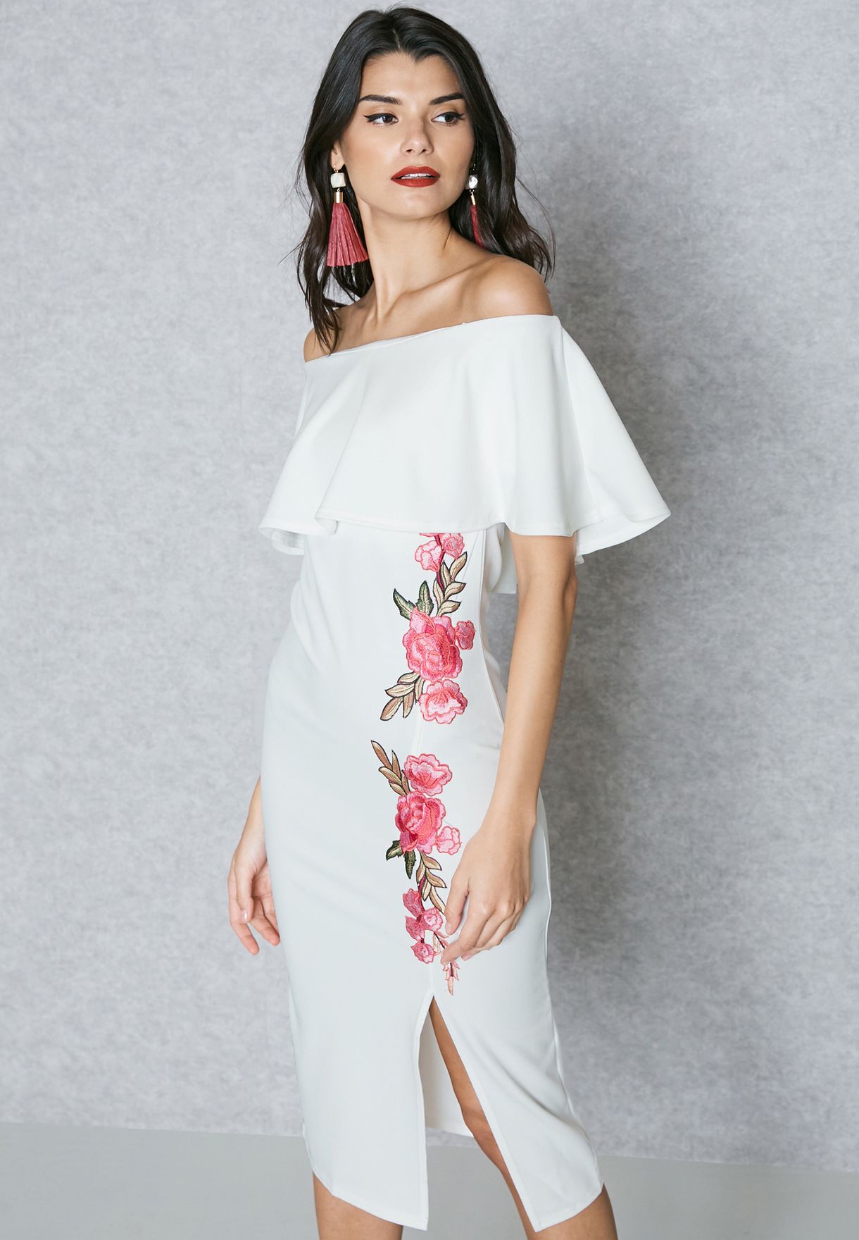 white embroidered bardot dress