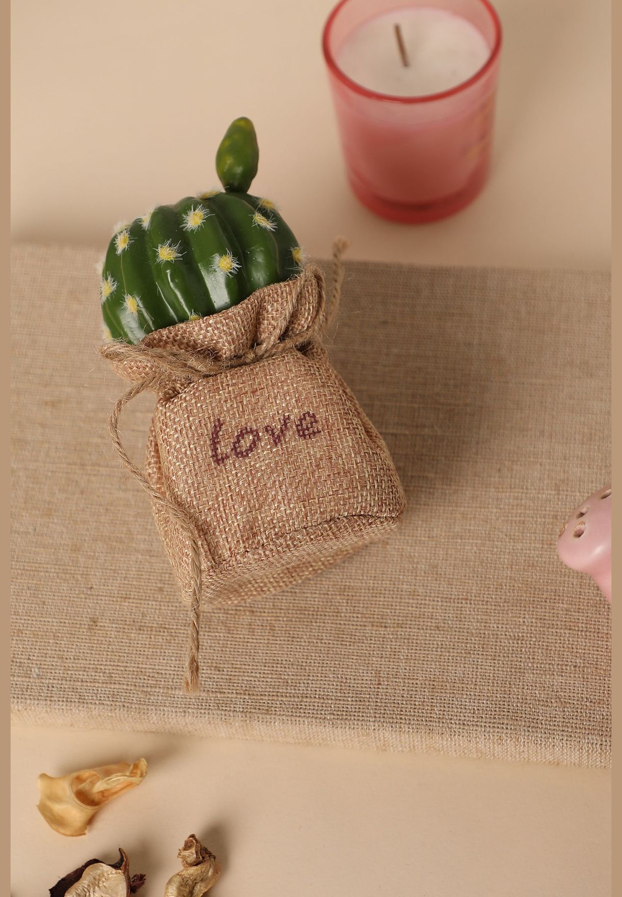 Burlap Sack Textured Mini Fabric Pot With Artificial Foliage For Home Decor Indoor & Outdoor 