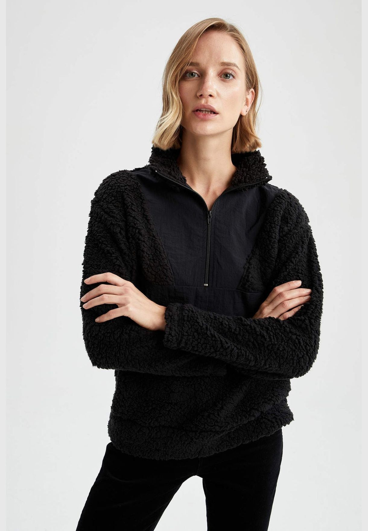 Woman Knitted Regular Fit Mock Neck Long Sleeve Sweat Shirt
