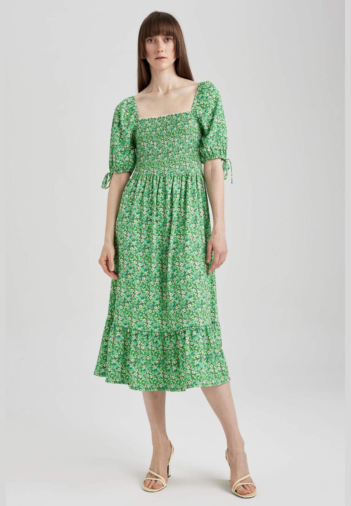 Buy Defacto green Half Balloon Sleeves Floral Print Midi Dress for ...
