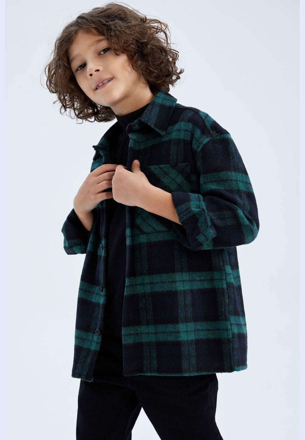New Year Boy Oversize Fit Polo Neck Woven Long Sleeve Shirt