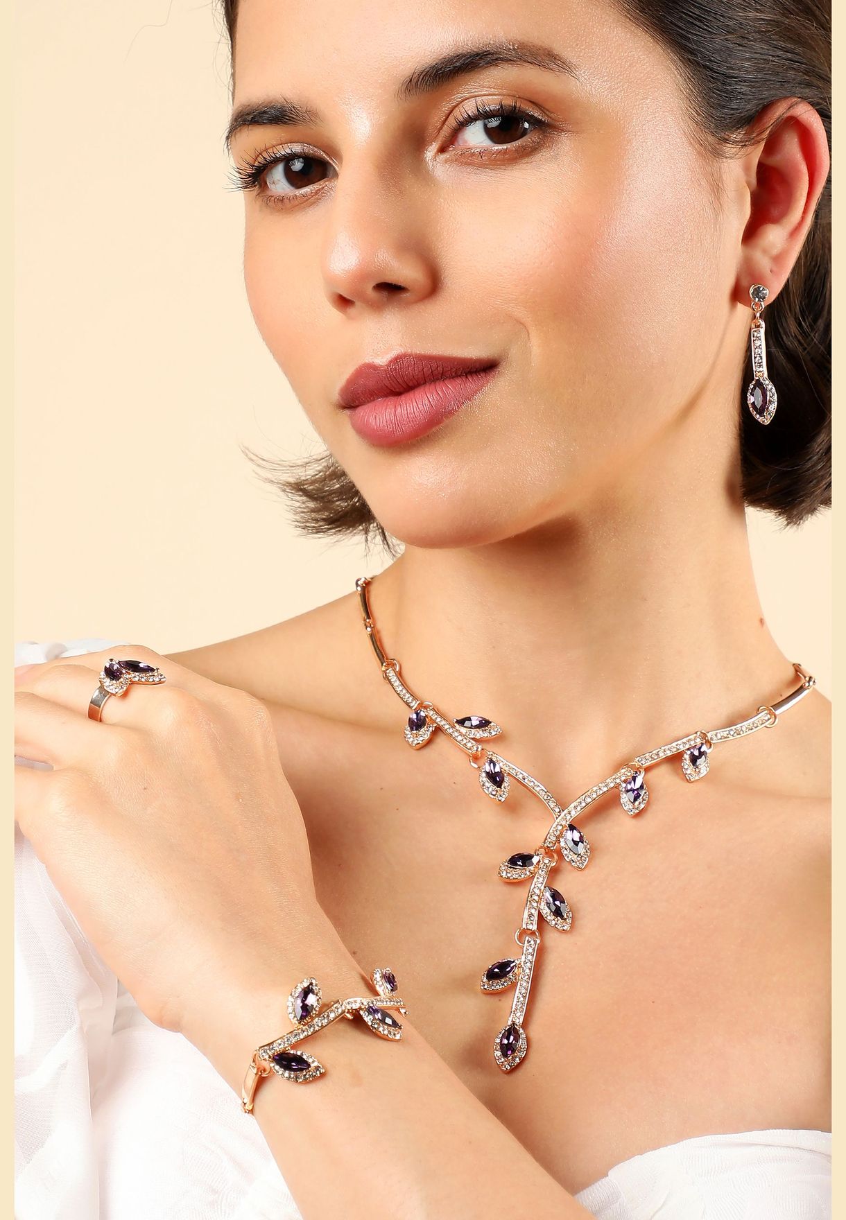 Gold Plated Designer Stone Necklace, Earring, Ring and Bracelet Set