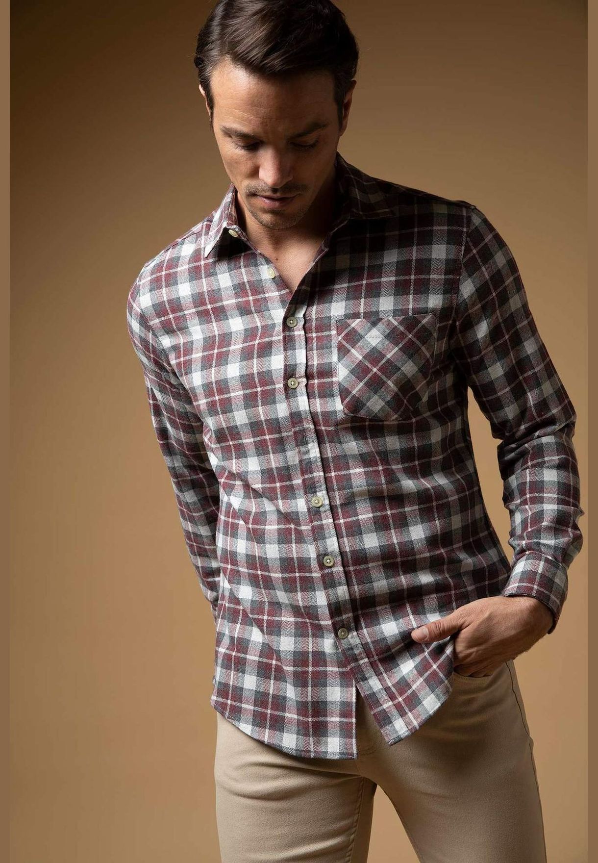 Man Modern Fit Polo Neck Woven Long Sleeve Shirt