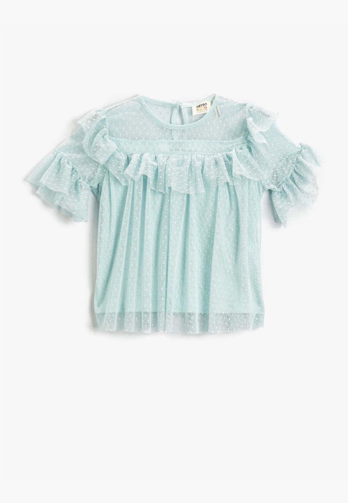 Tulle Crew Neck T-Shirt with Fluffy Ruffled Sleeves