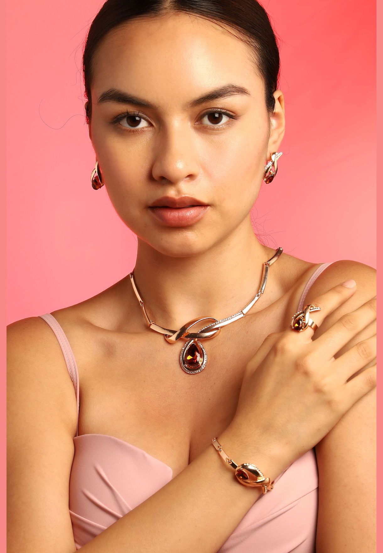 Gold Plated Designer Stone Necklace, Earring, Ring and Bracelet Set