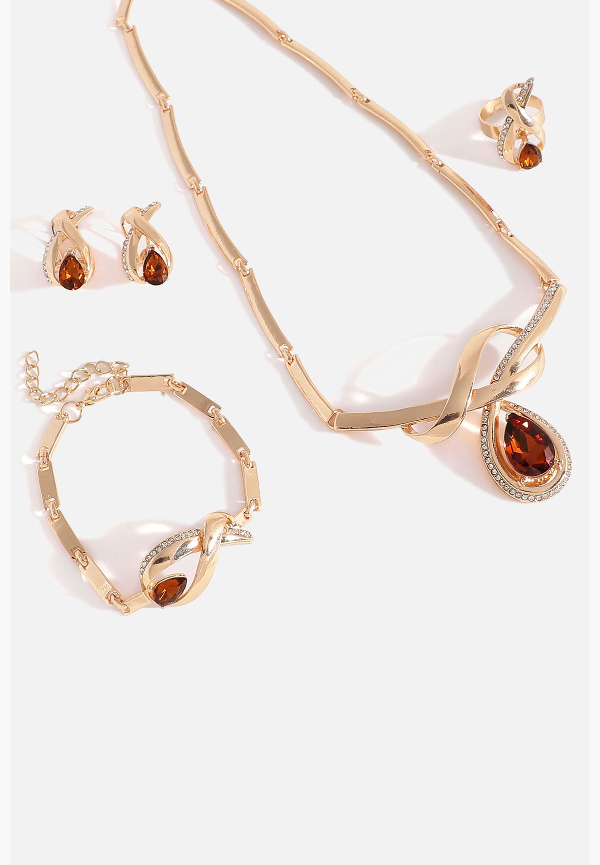 Gold Plated Designer Stone Necklace, Earring, Ring and Bracelet Set