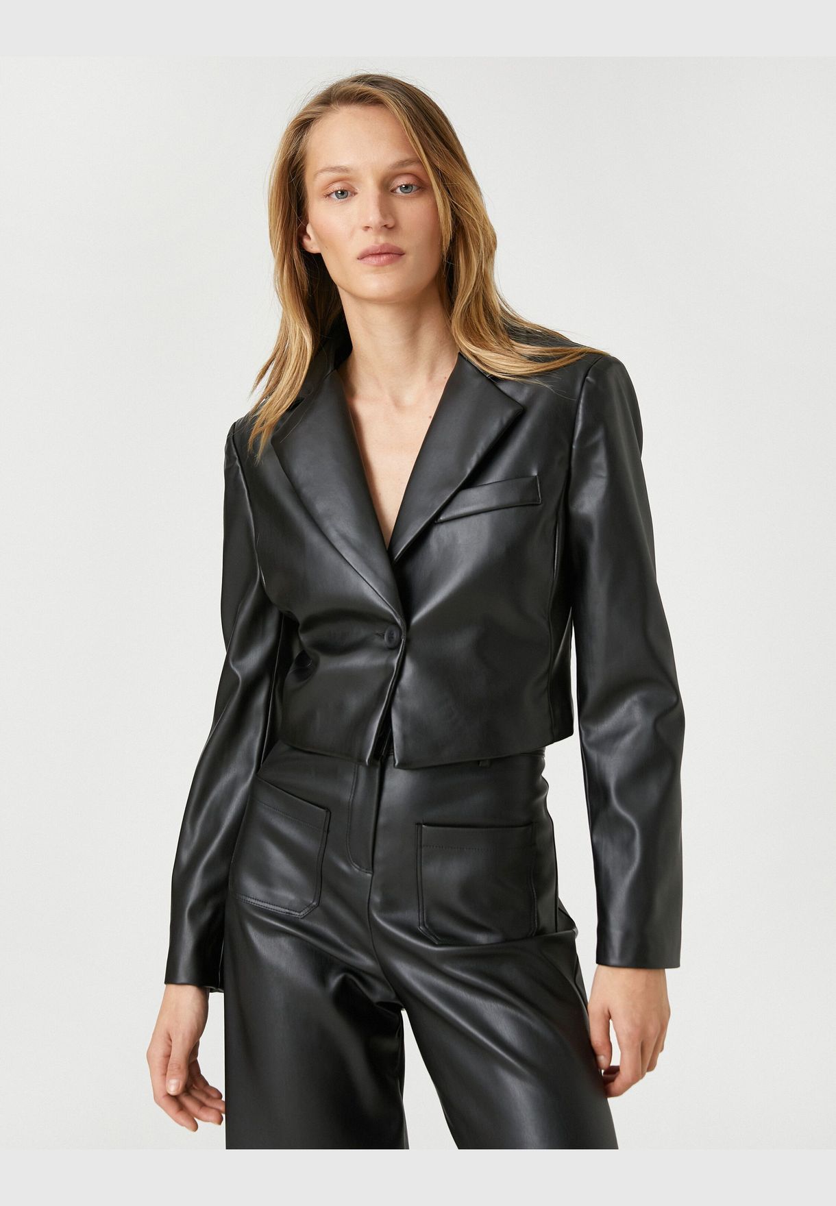 Faux Leather Crop Blazer Jacket One Button Pocket Detail