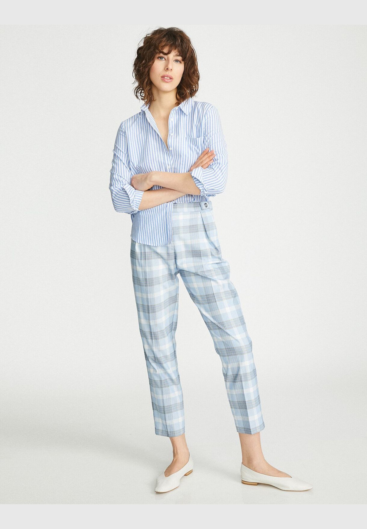 blue check trousers womens