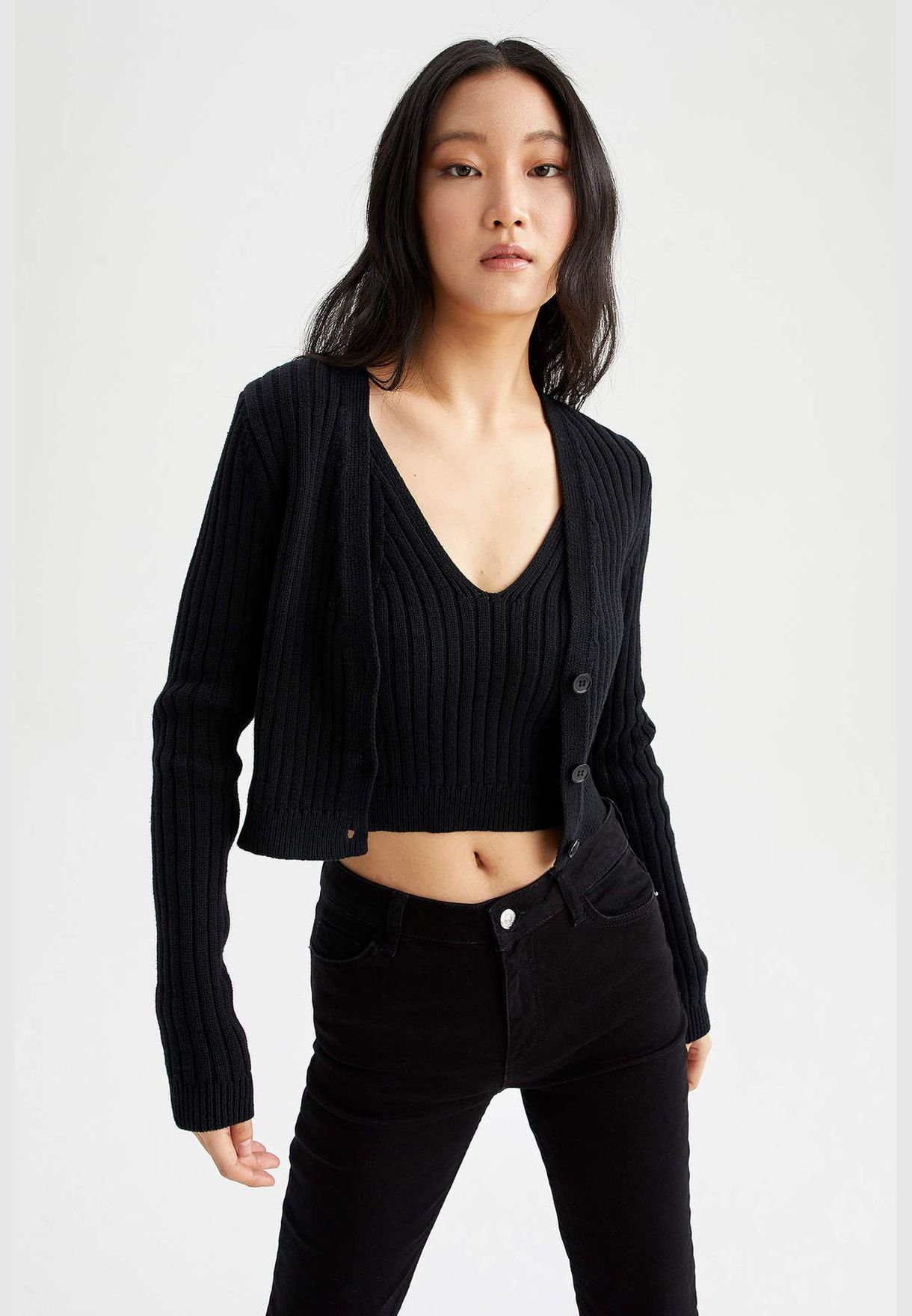 V-Neck Long Sleeve Crop Cardigan