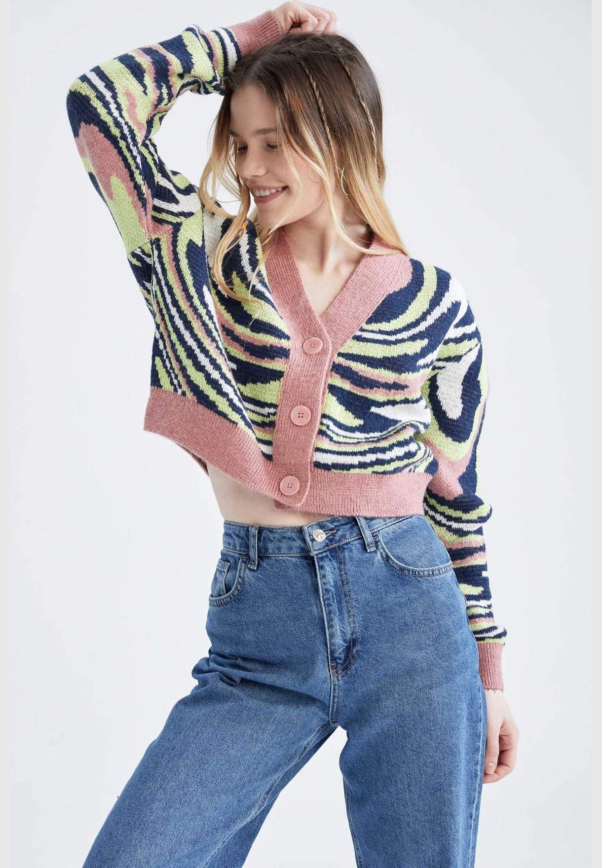 Regular Fit Long Sleeve Zebra Print Crop Cardigan