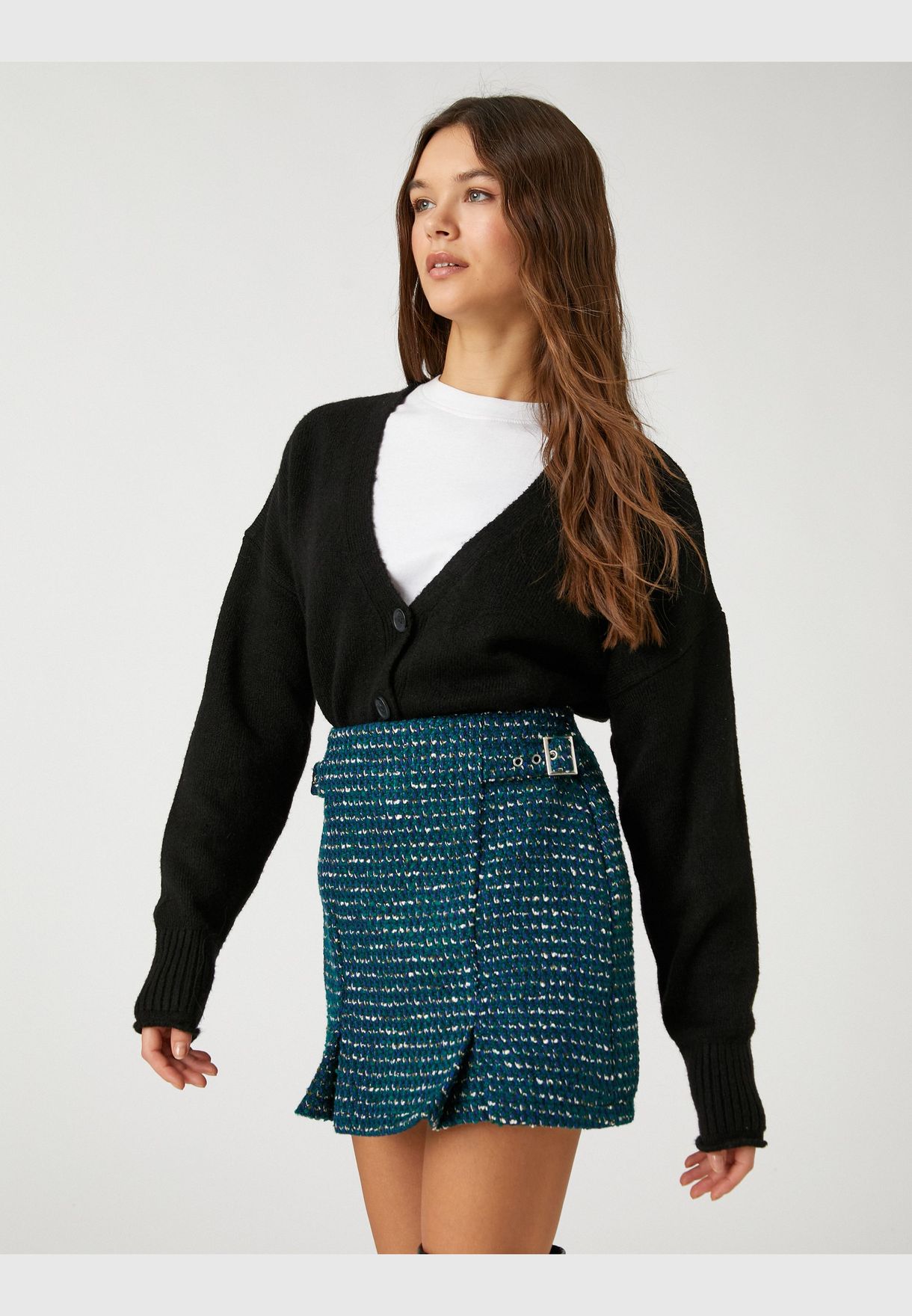 Mini Skort Tweed Pleated Buckle Detail Patterned