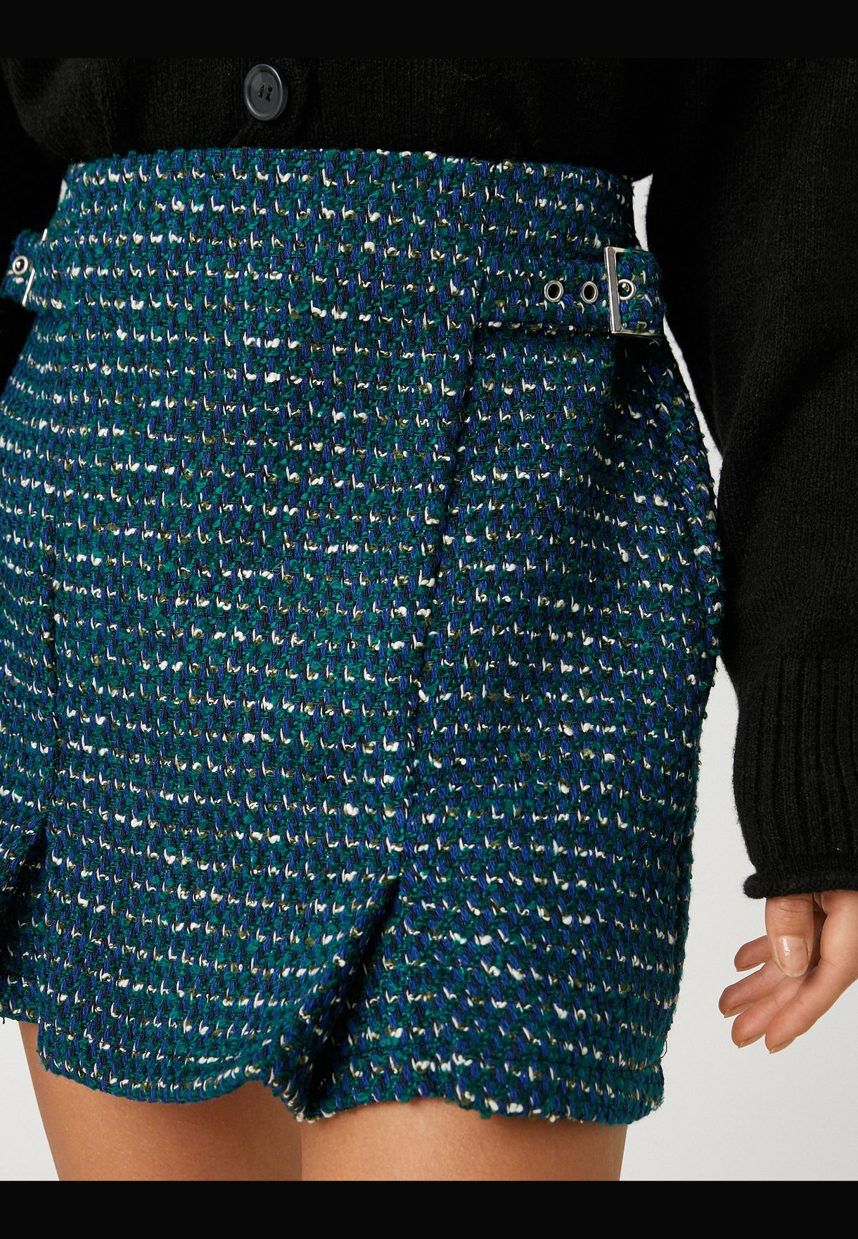 Mini Skort Tweed Pleated Buckle Detail Patterned