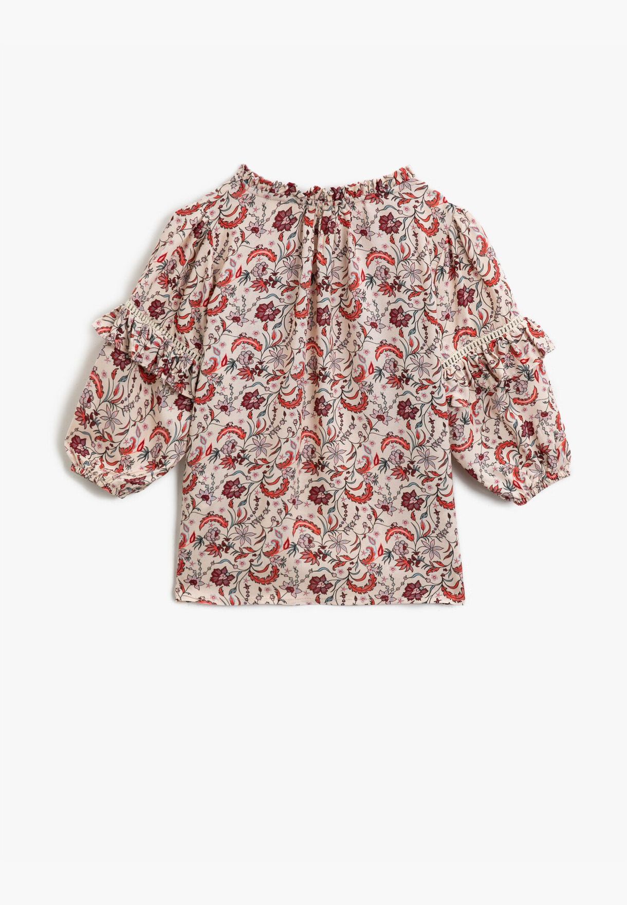 Patterned Long Sleeve Frilled Blouse