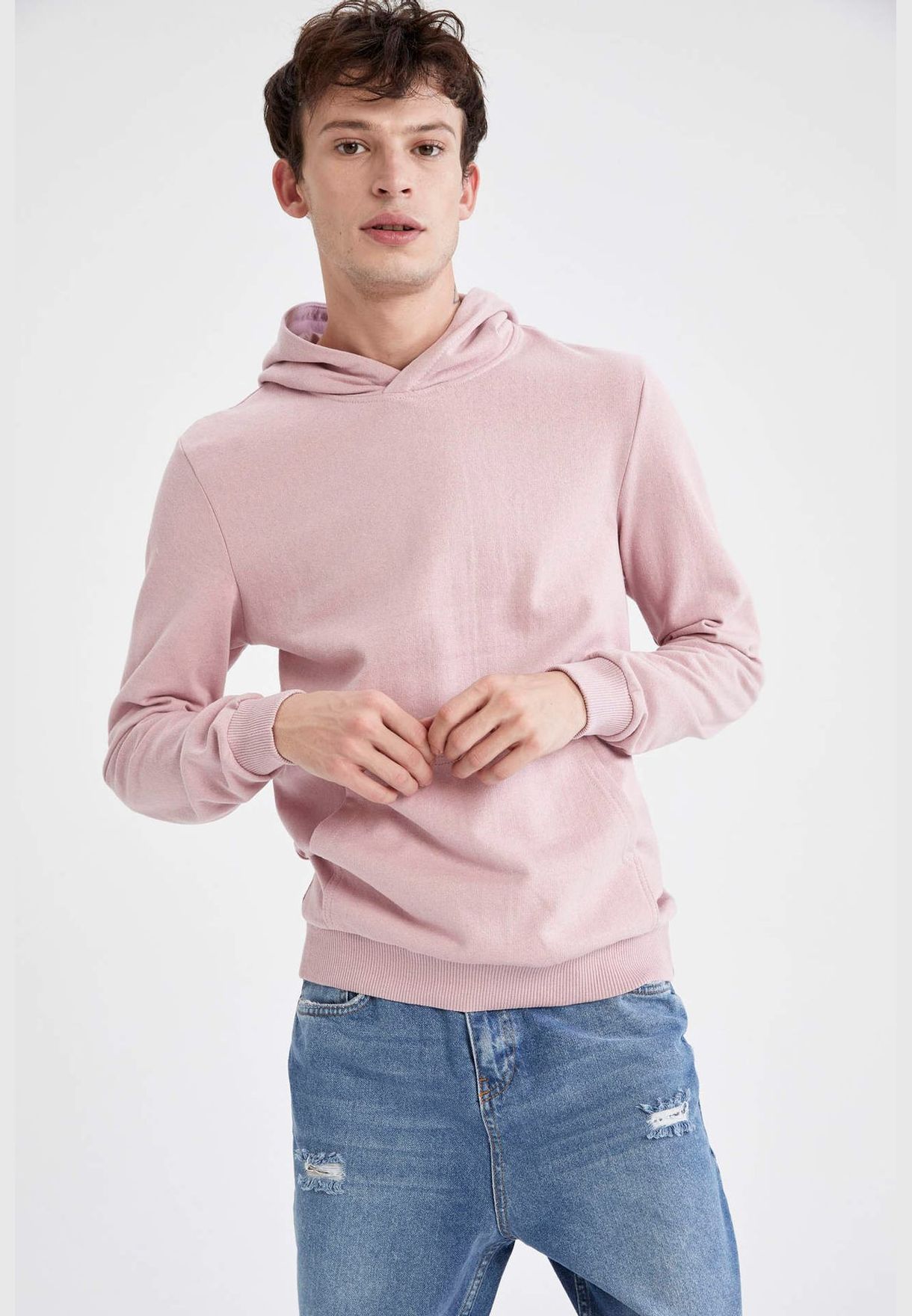 Man Slim Fit Hooded Long Sleeve Knitted Sweat Shirt
