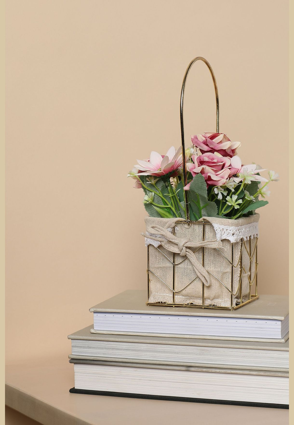 Artificial Flower Bouquet In Rustic Fabric Metal Wire Basket For Home Decor