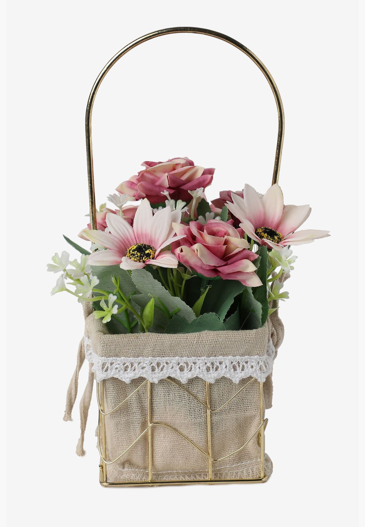 Artificial Flower Bouquet In Rustic Fabric Metal Wire Basket For Home Decor