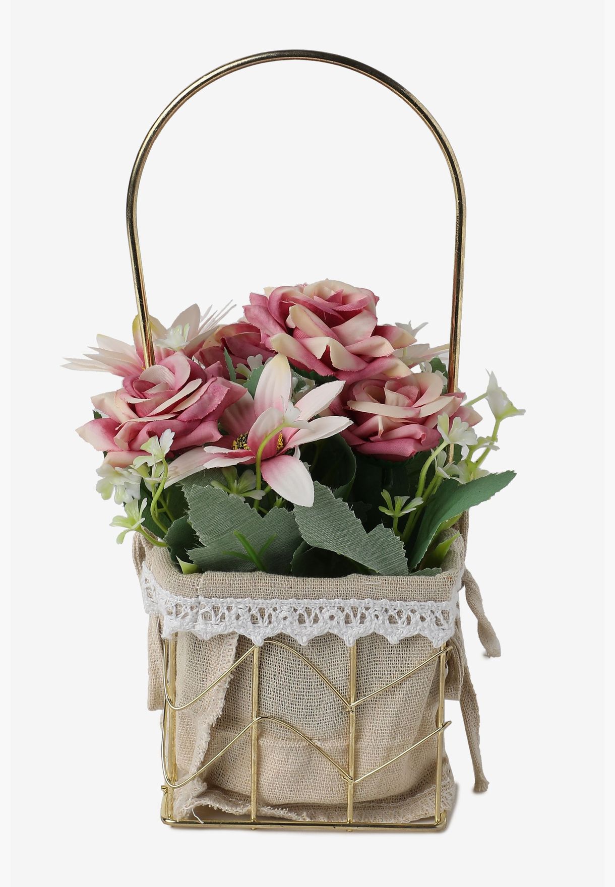 Artificial Flower Bouquet In Rustic Fabric Metal Wire Basket For Home Decor