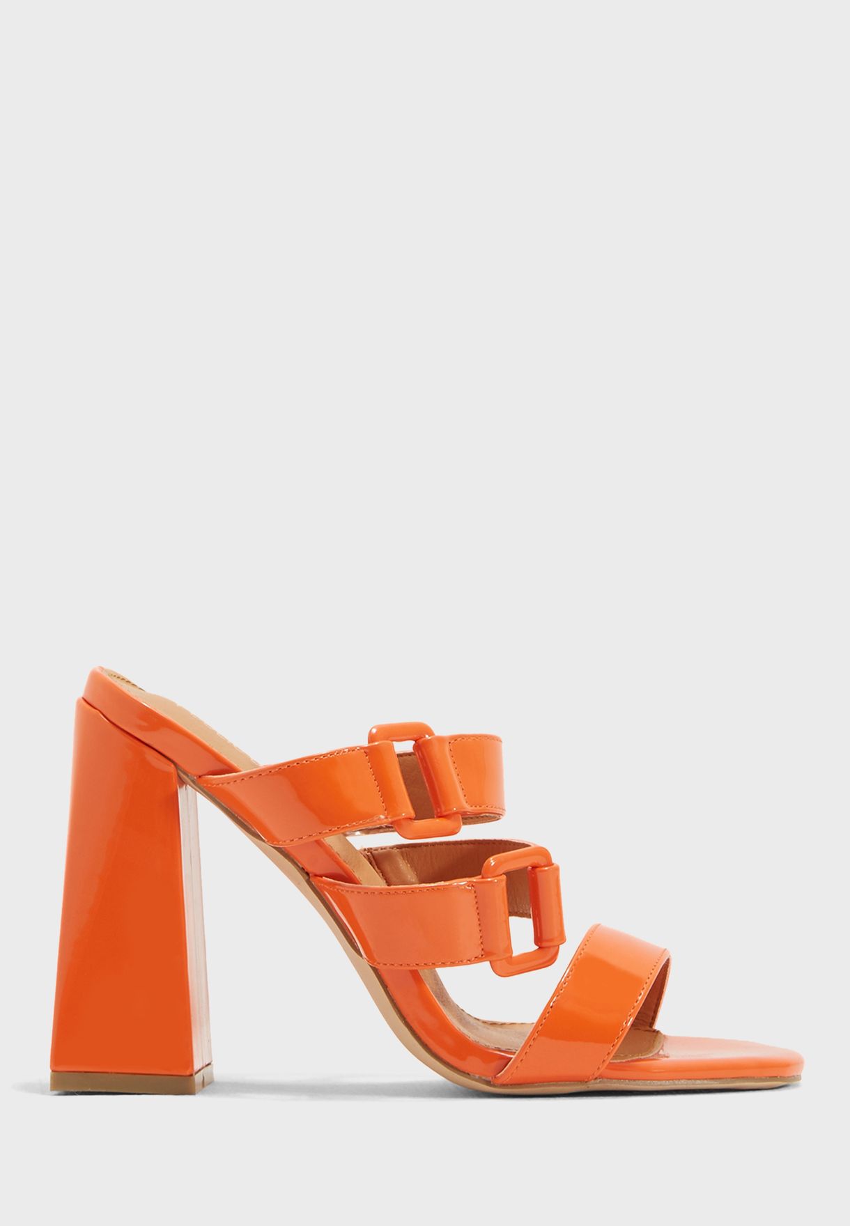 orange heeled mules