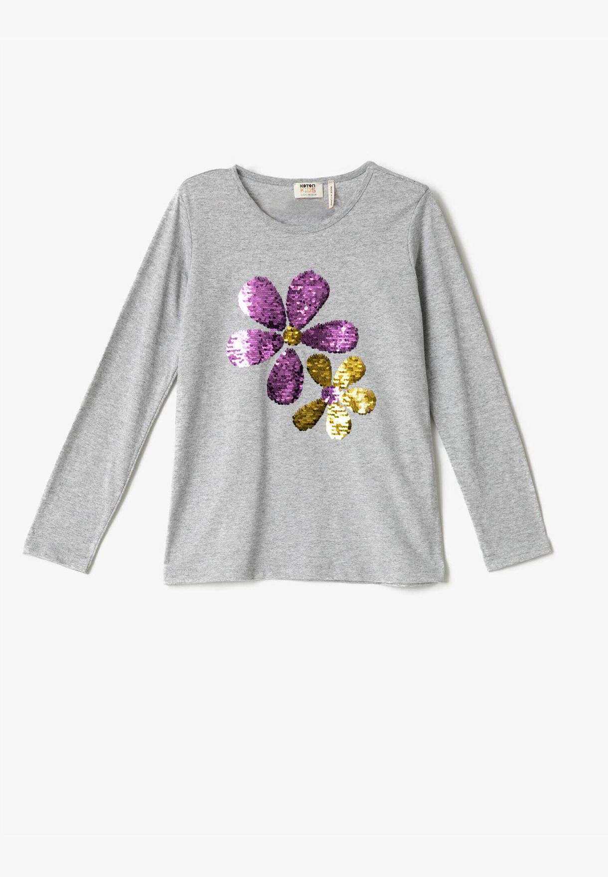 Floral Sequinned T-Shirt Long Sleeve Cotton