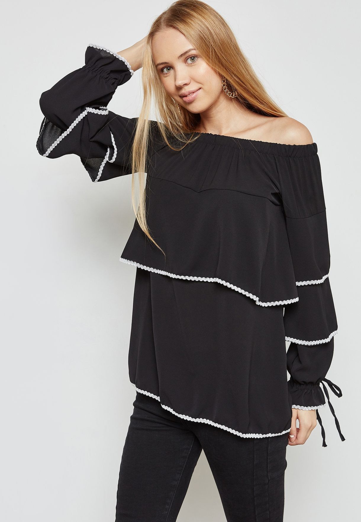 black ruffle bardot top