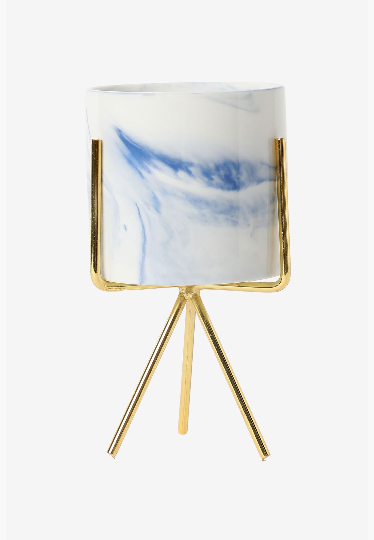 Marble Effect Medium Ceramic Planter In Gold Metal Stand For Home Decor