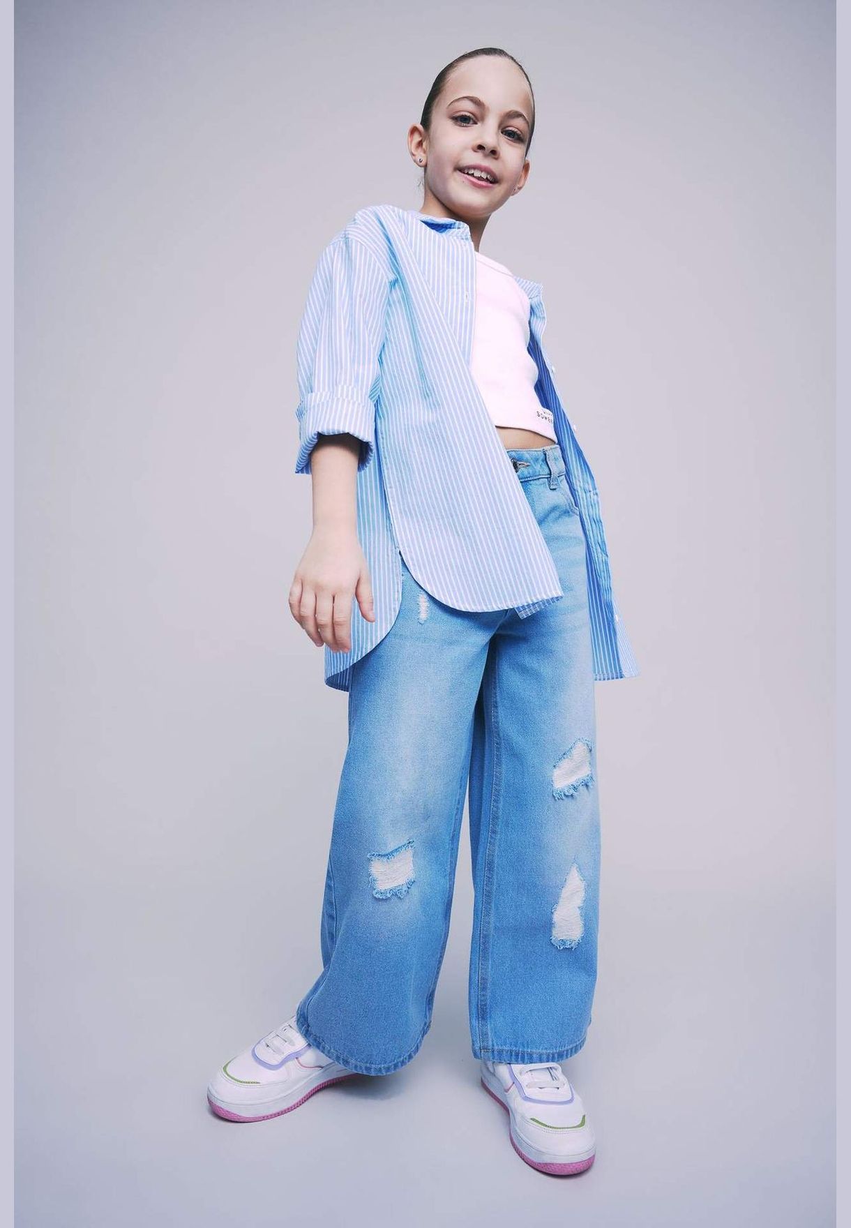 Girl Oversıze Fıt Woven Long Sleeve Shirt