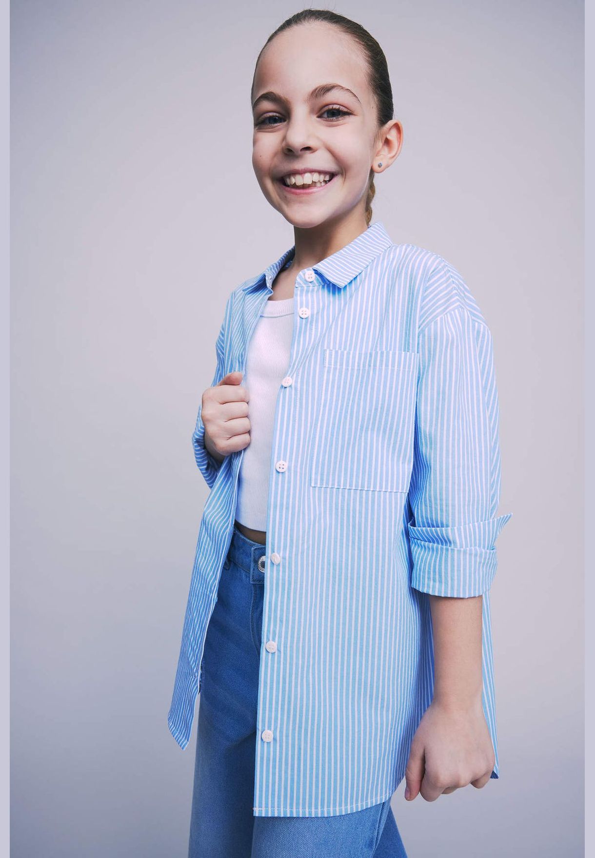 Girl Oversıze Fıt Woven Long Sleeve Shirt