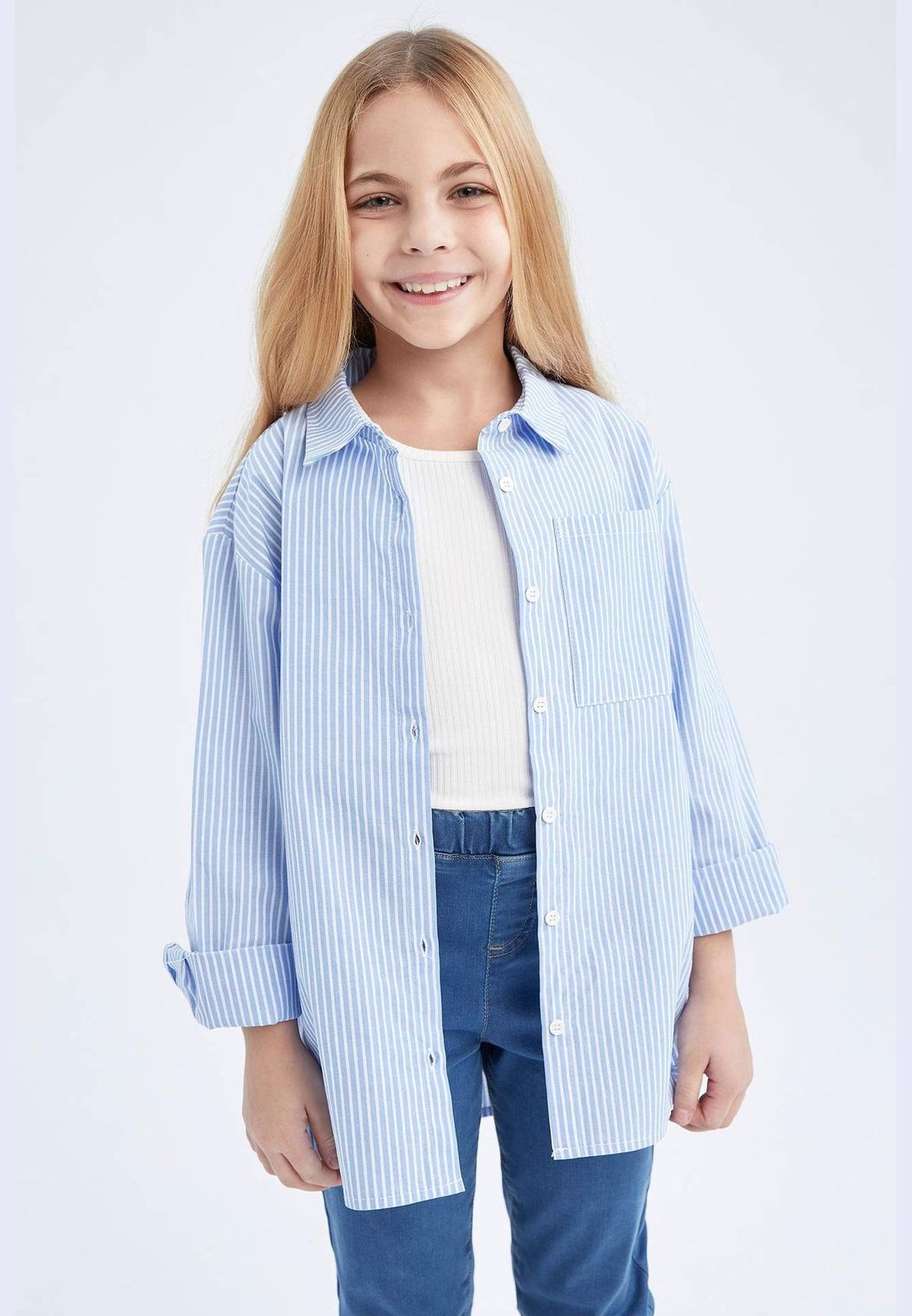 Girl Oversıze Fıt Woven Long Sleeve Shirt
