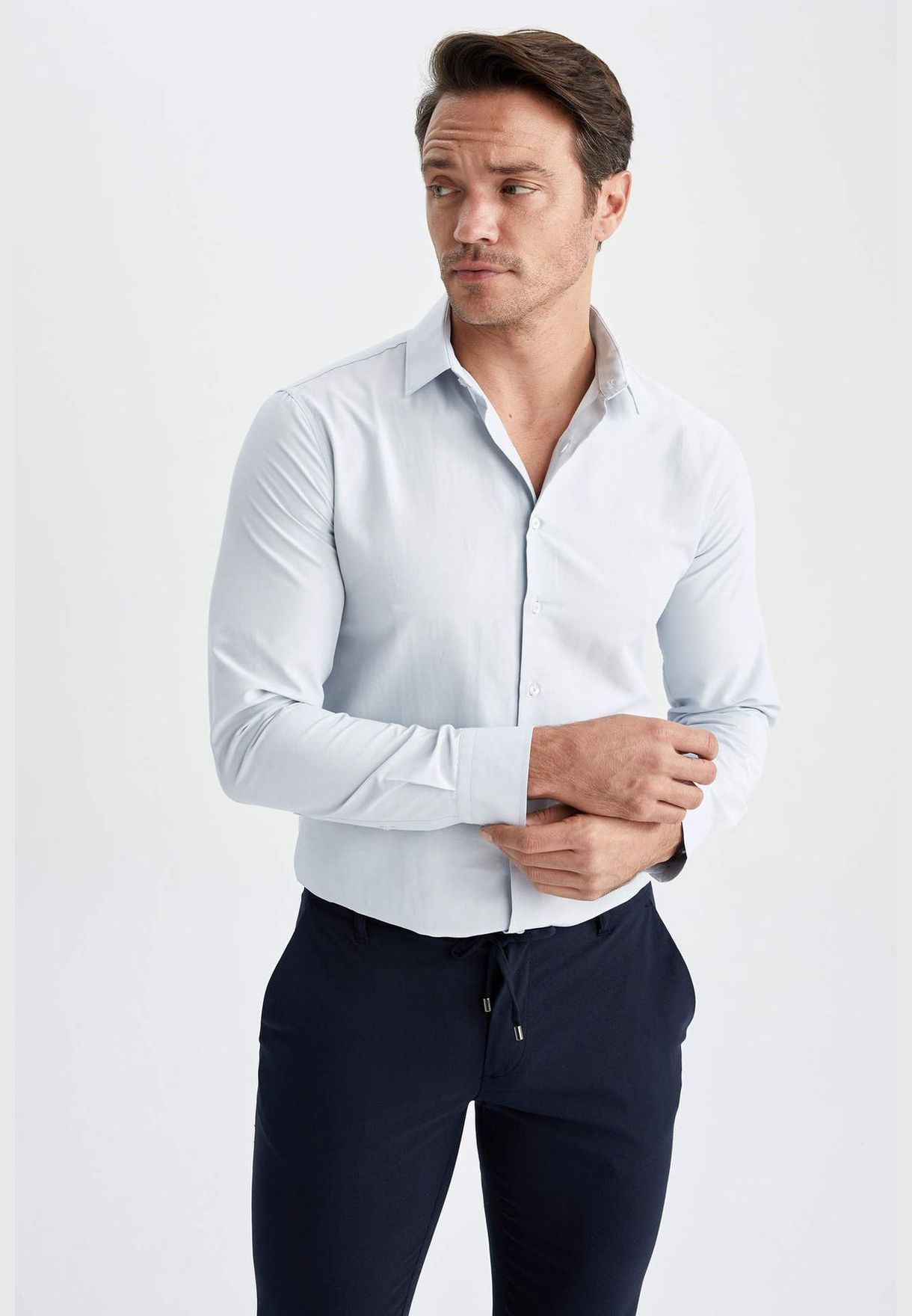 Modern Fit Button Down Polo Neck Long Sleeved Shirt