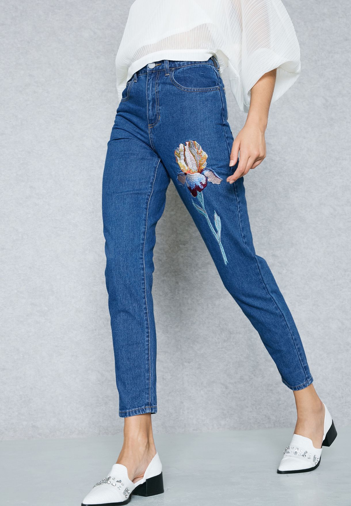 floral embroidered mom jeans