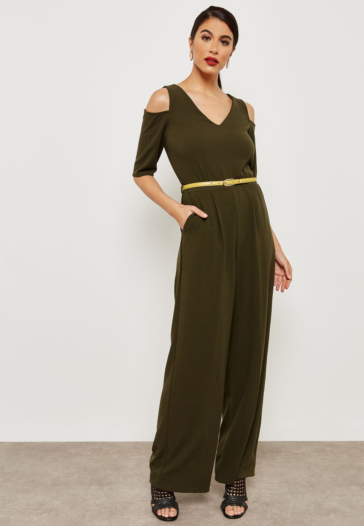 green cold shoulder jumpsuit