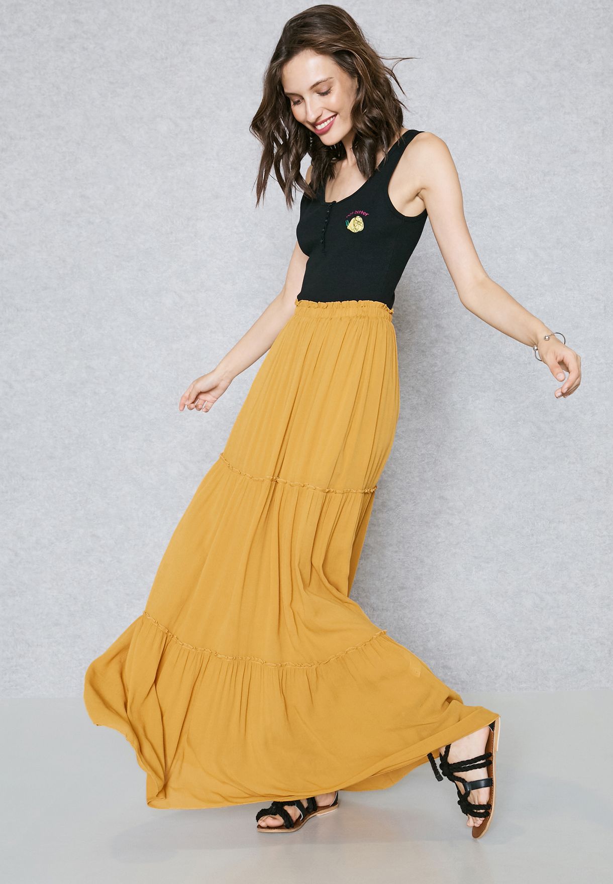 yellow frill maxi dress