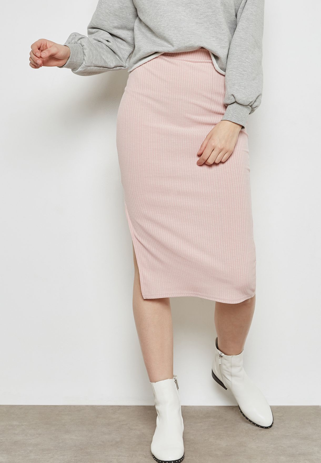 ribbed pink pencil skirt