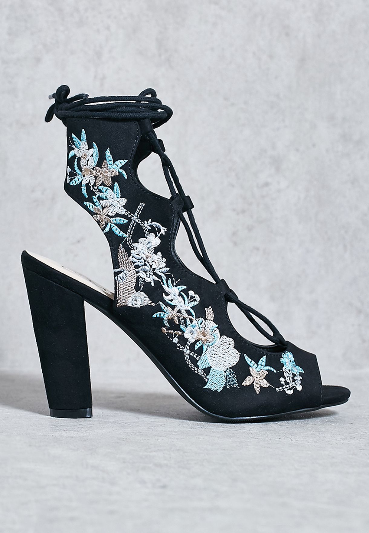 embroidered block heels