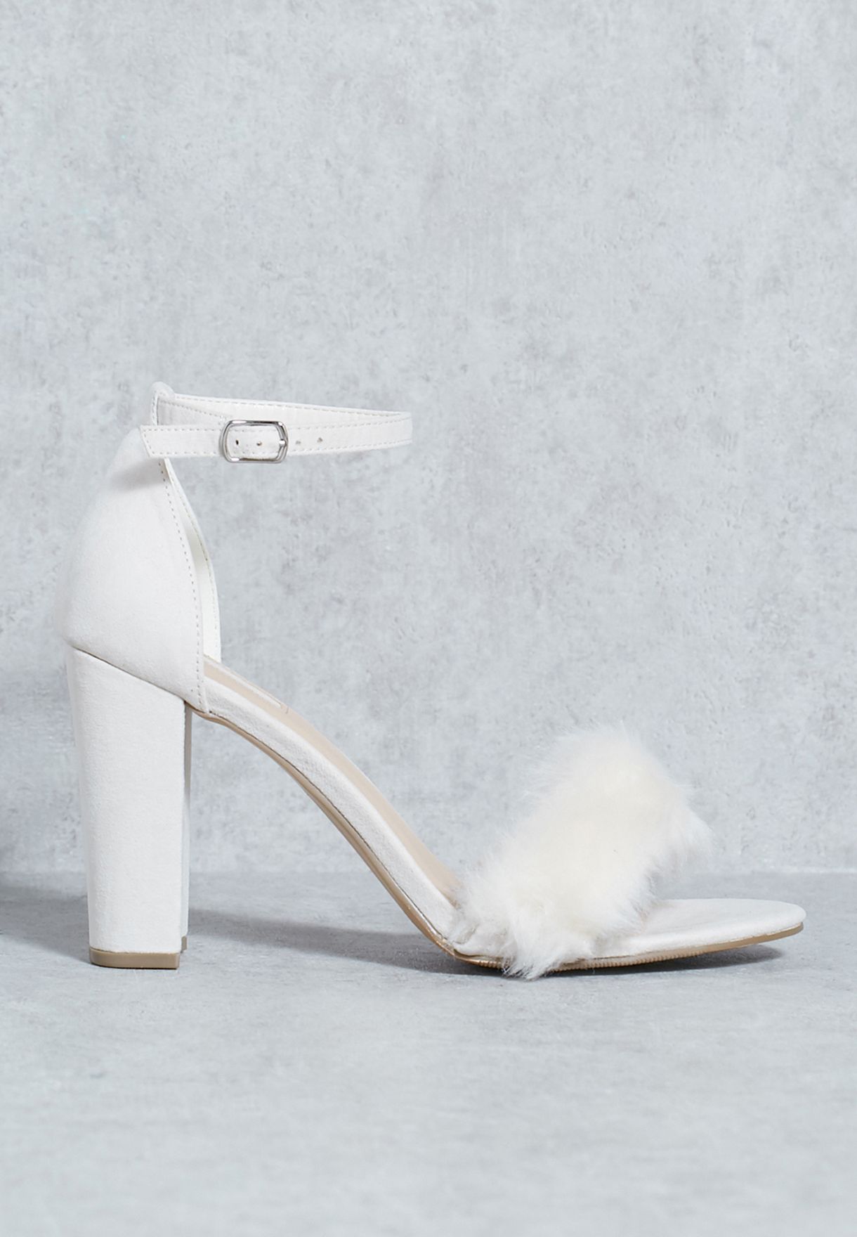 white fur block heels