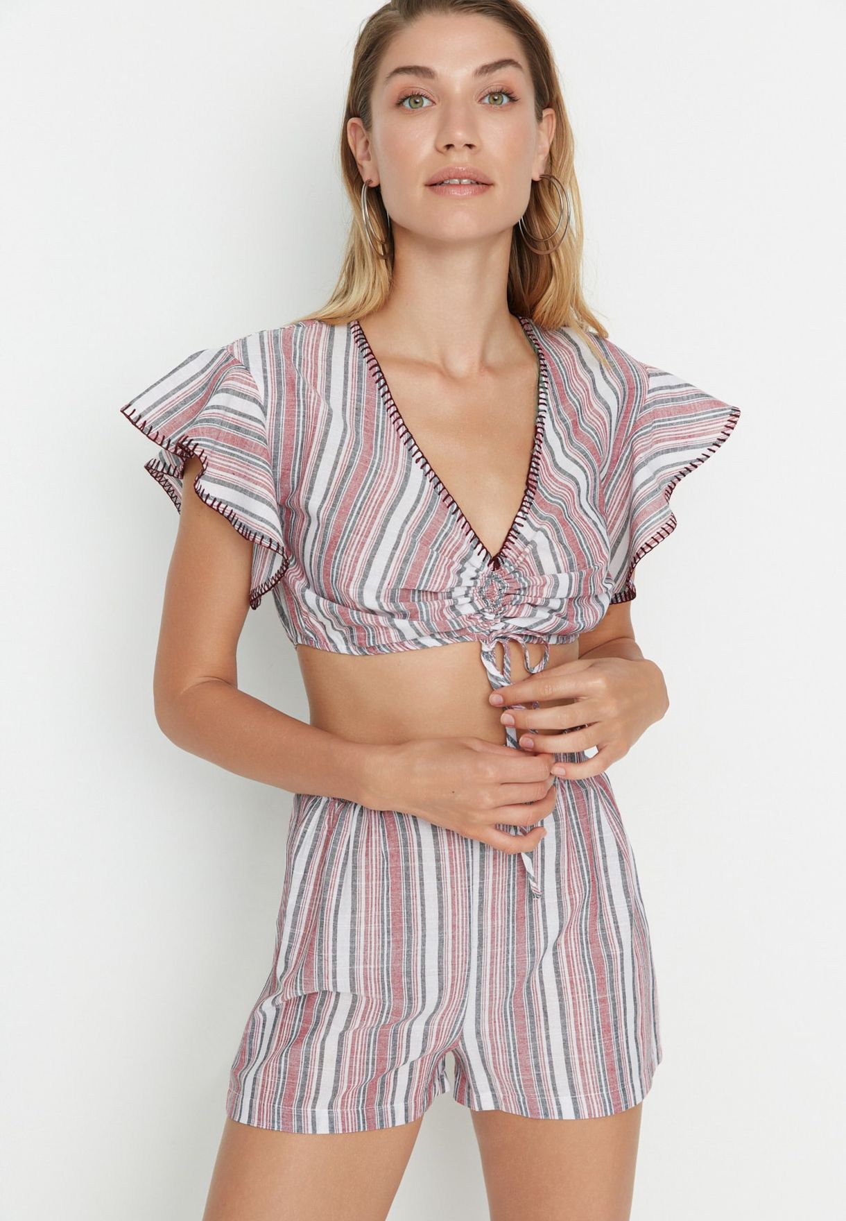 Striped Ruched Crop Top & Shorts Set