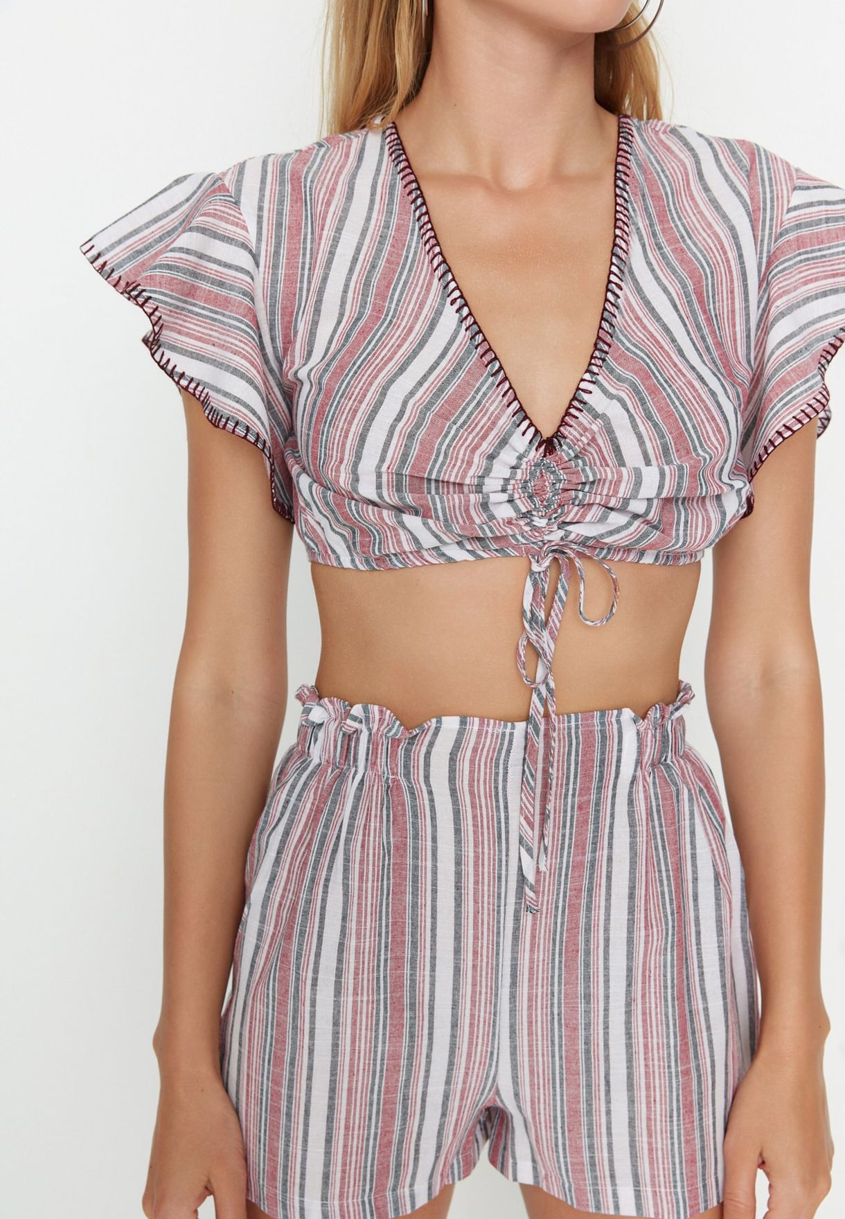 Striped Ruched Crop Top & Shorts Set
