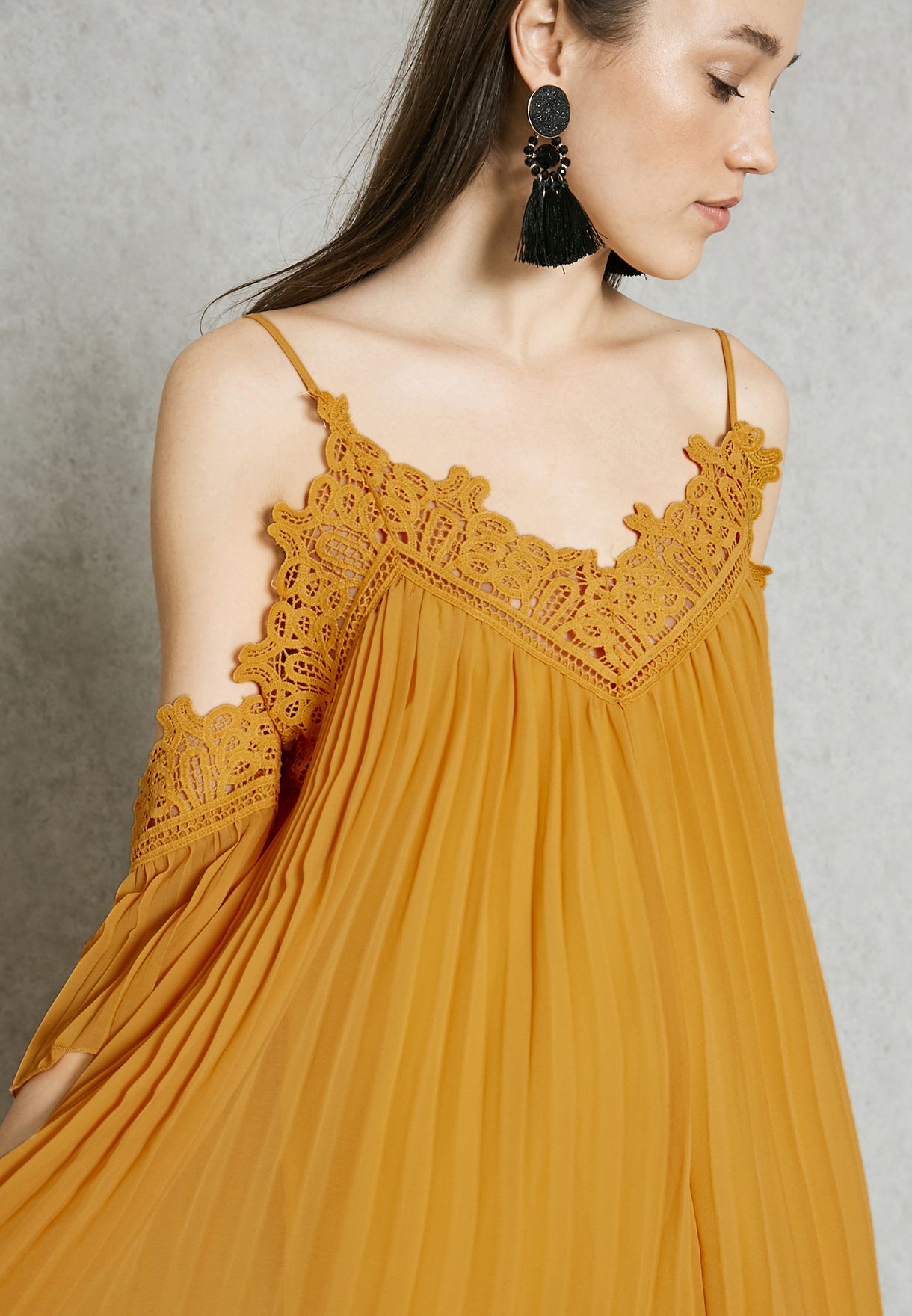 Lace Trim Cold Shoulder Maxi Dress