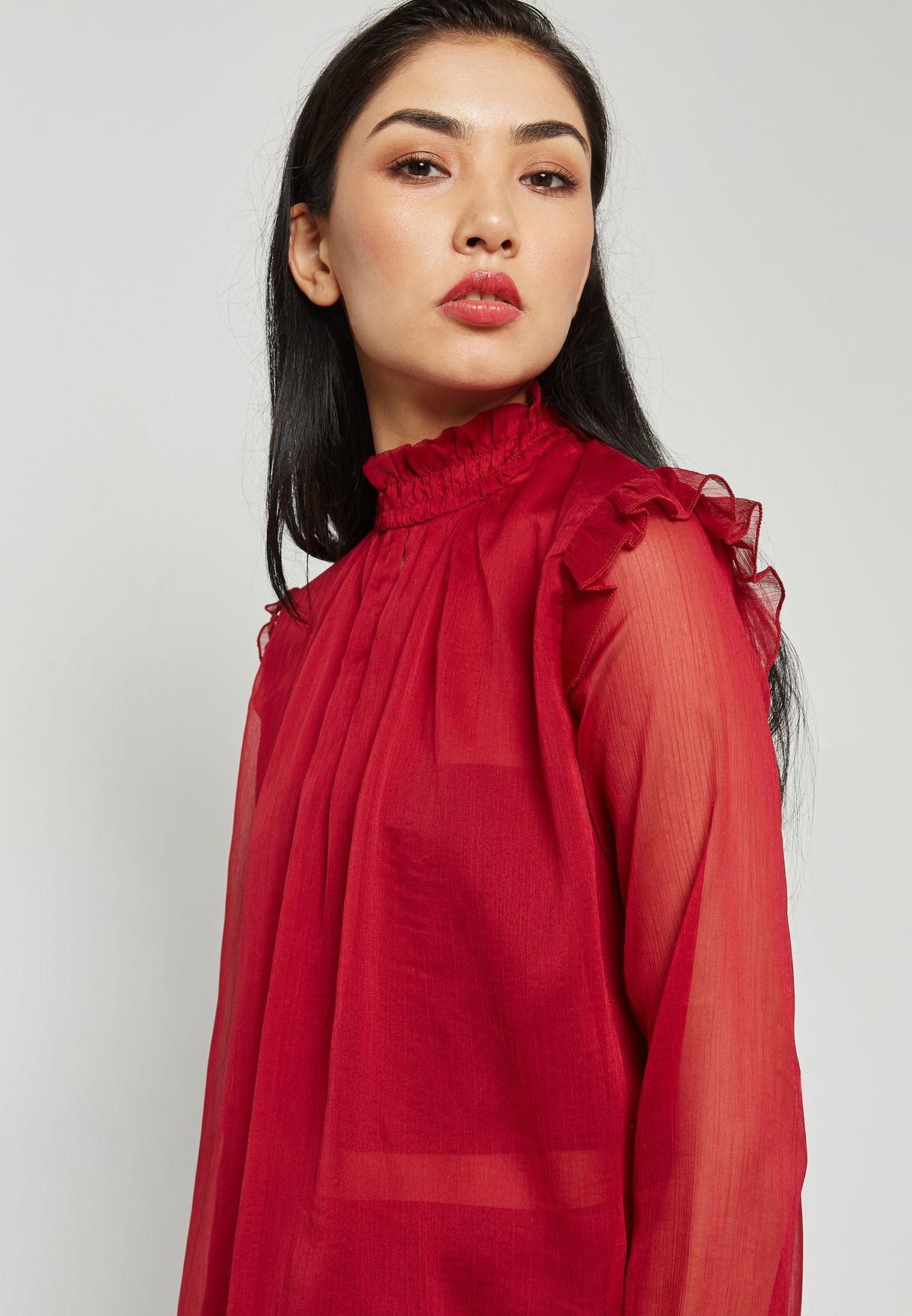 Buy Ella red Sheer Ruffle Detail Top for Women in MENA, Worldwide