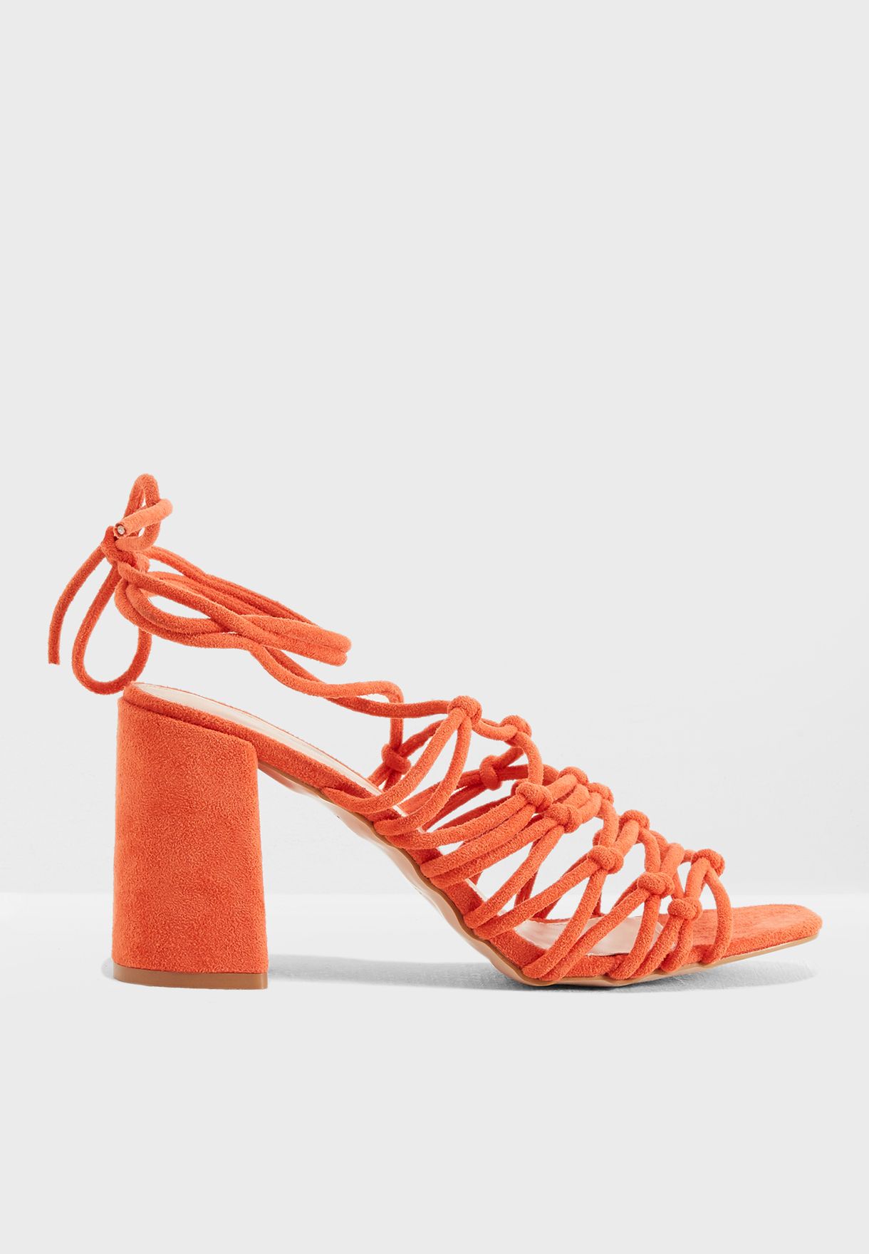 orange lace up block heels