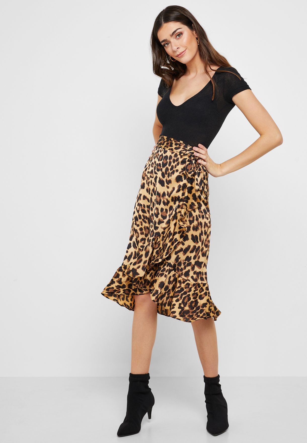 leopard print wrap front skirt