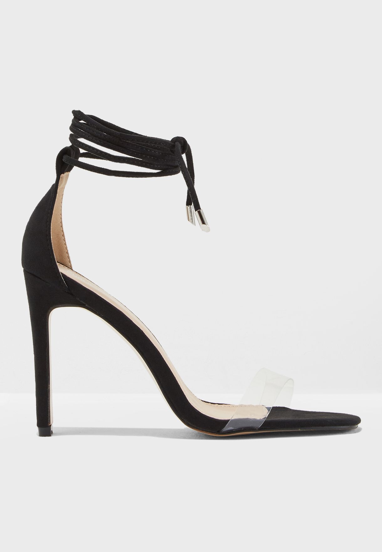 black lace up perspex heels