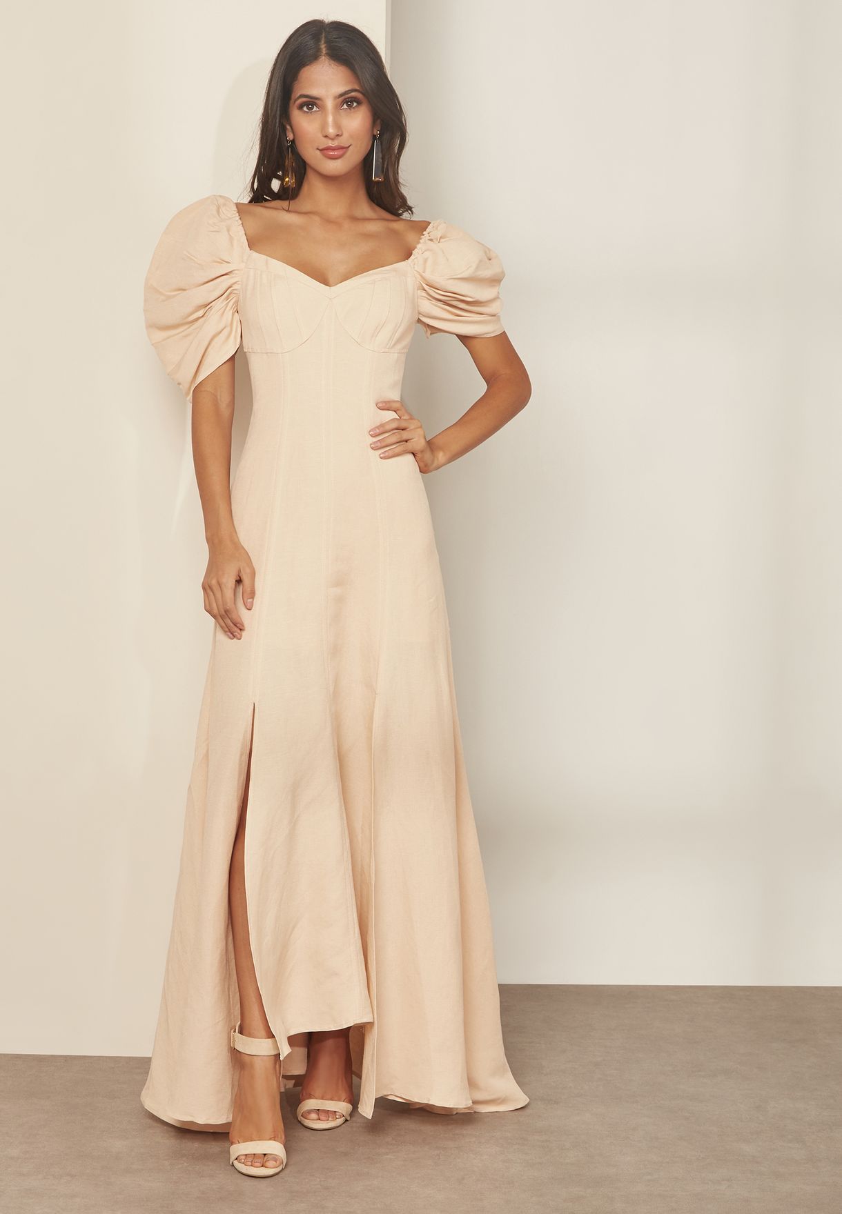 puff shoulder maxi dress