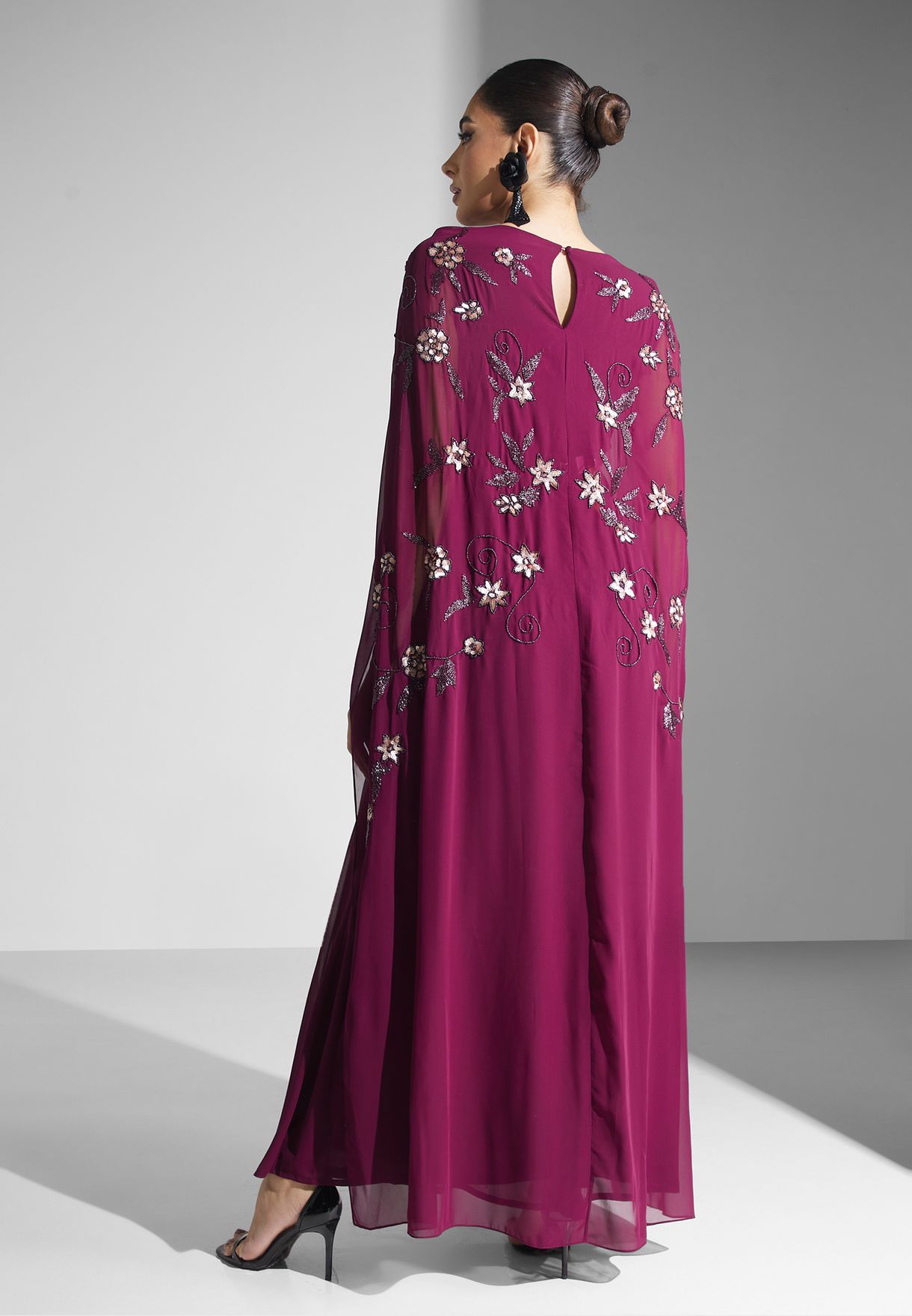 embellished cape maxi dress