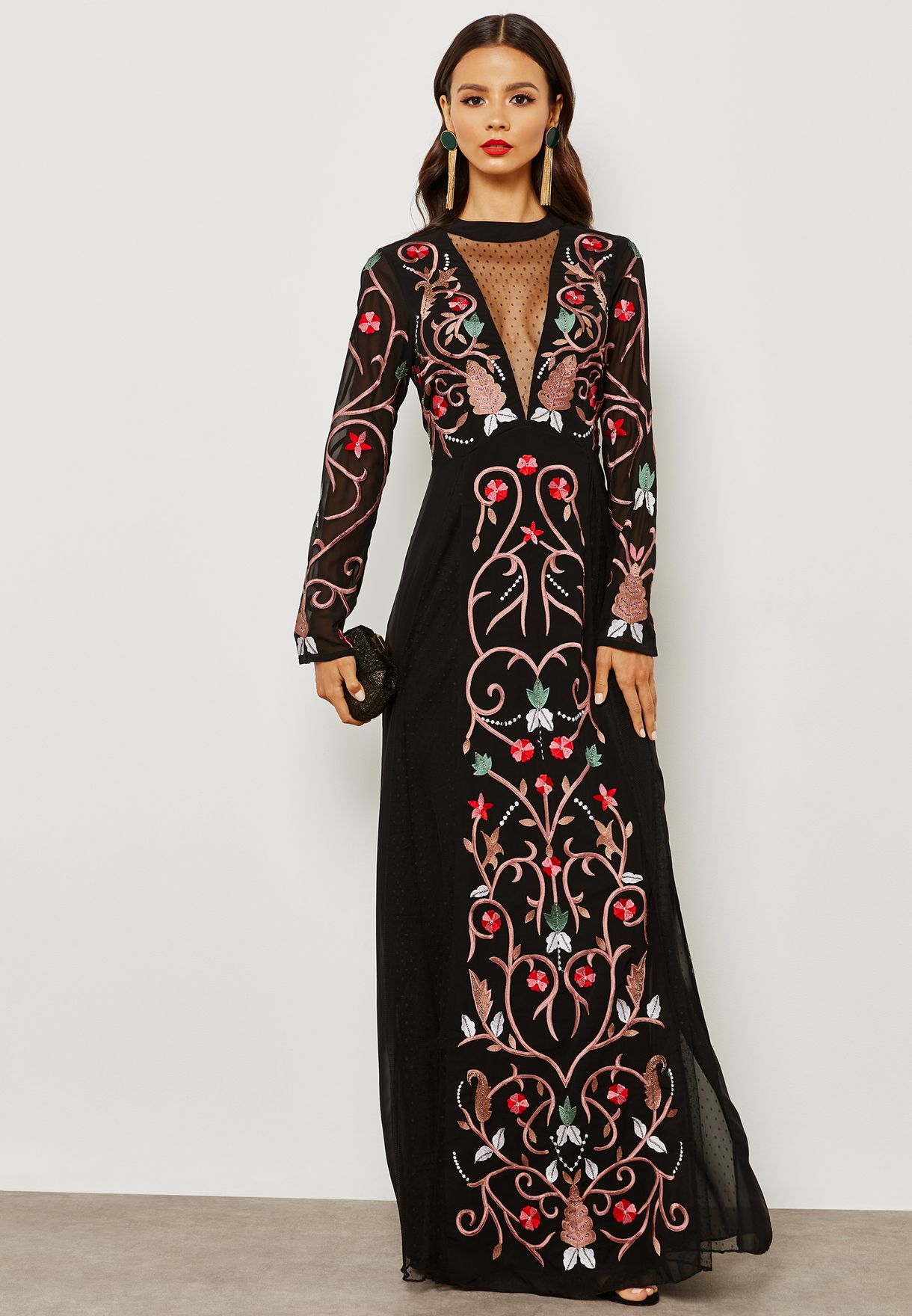 Frill black Embroidered Maxi Dress ...