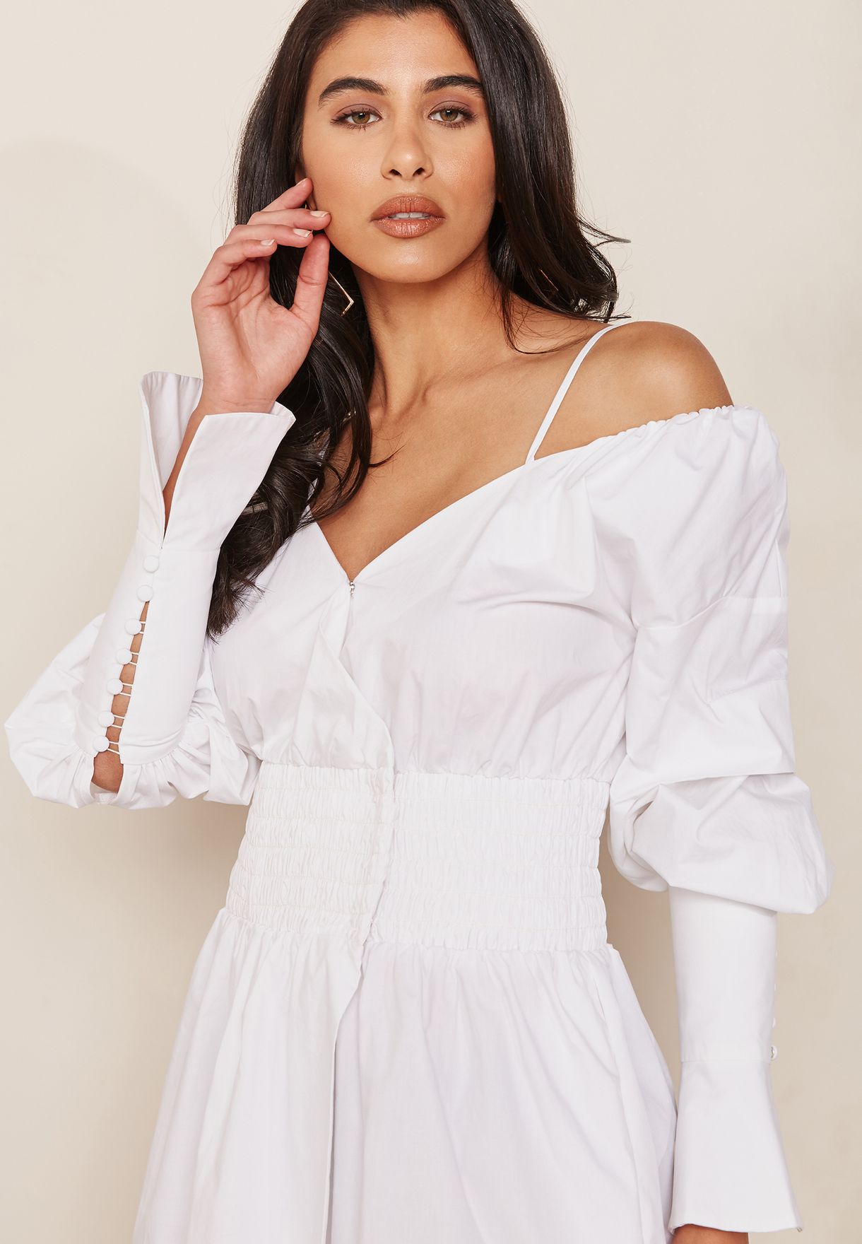 white poplin belted bardot shirt dress