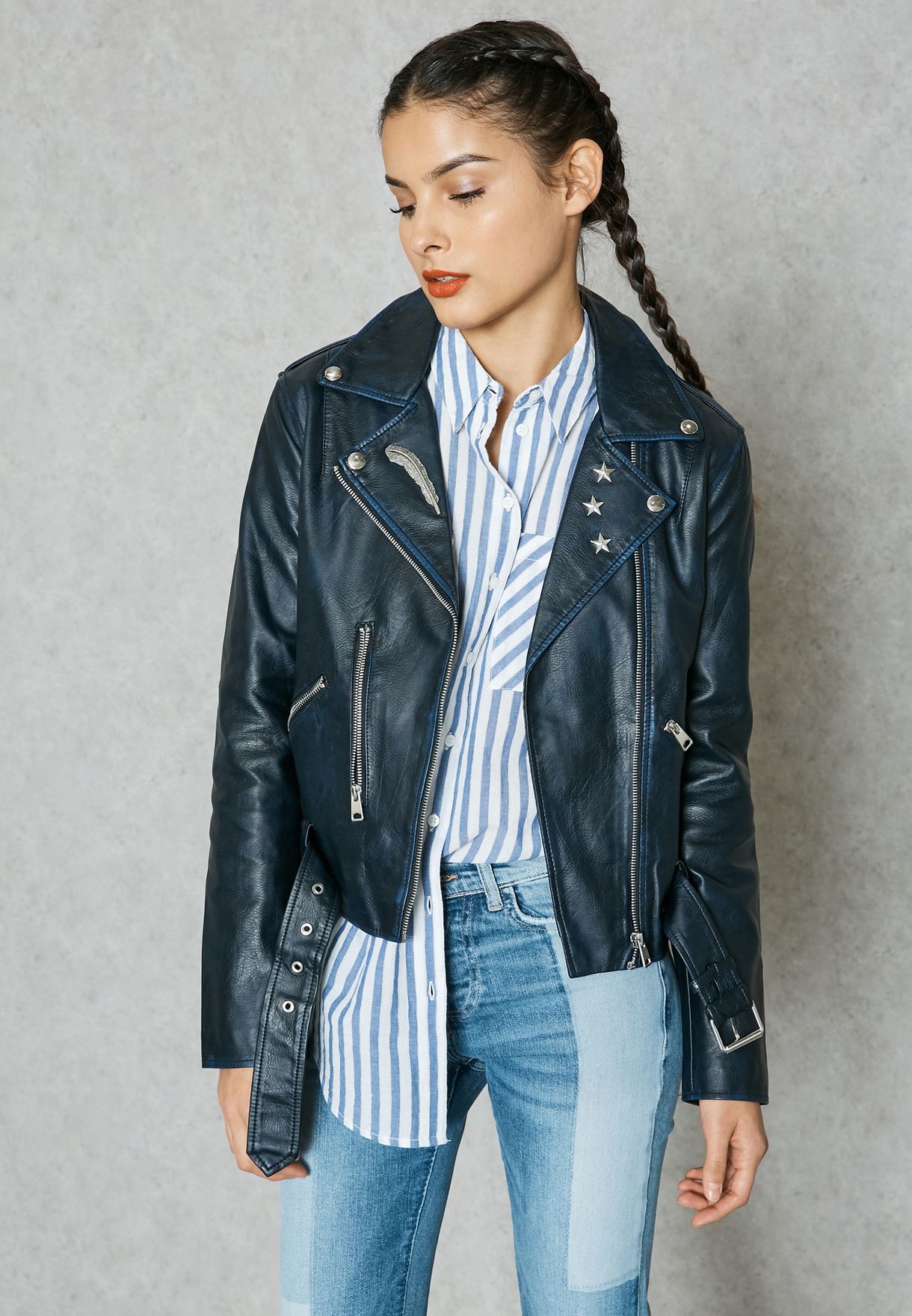 mango blue leather jacket